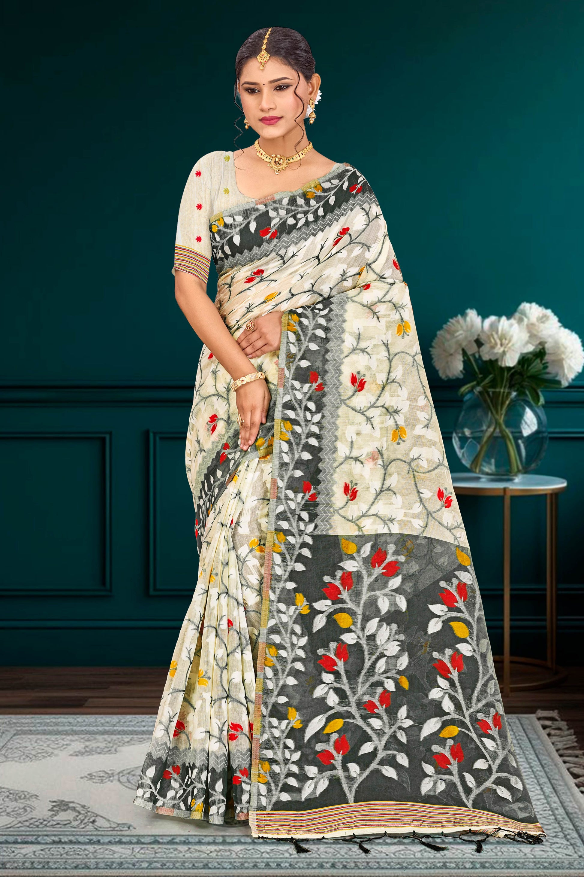 Sangam Prints Gray Cotton Blend Woven Work Traditional Saree