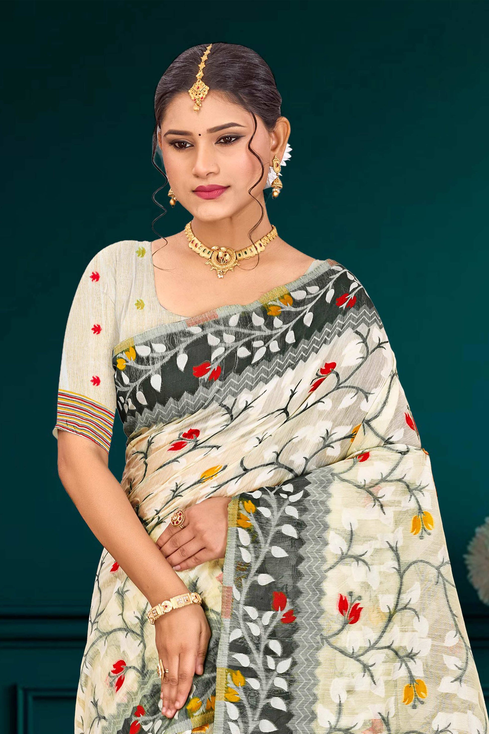 Sangam Prints Gray Cotton Blend Woven Work Traditional Saree