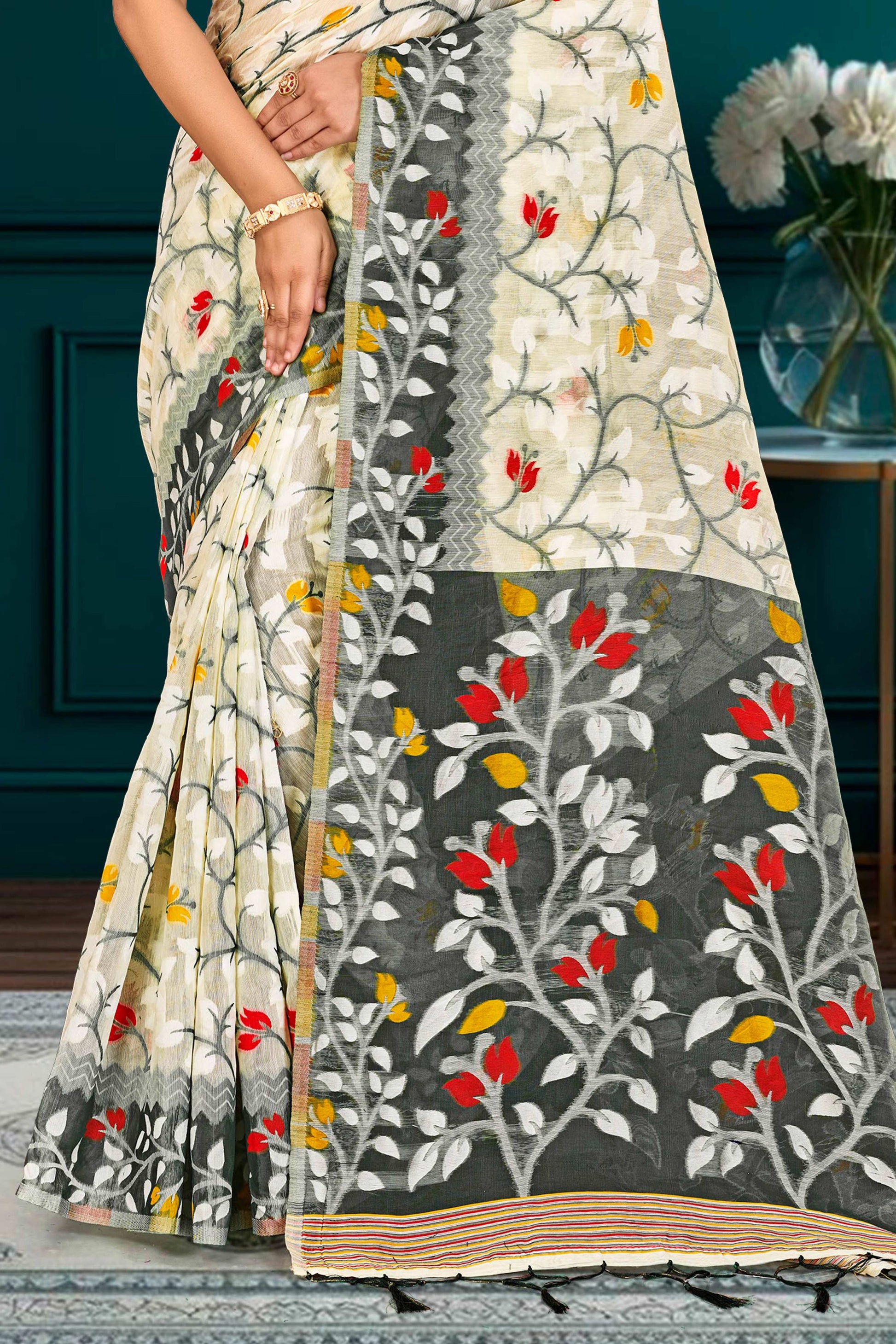 Sangam Prints Gray Cotton Blend Woven Work Traditional Saree