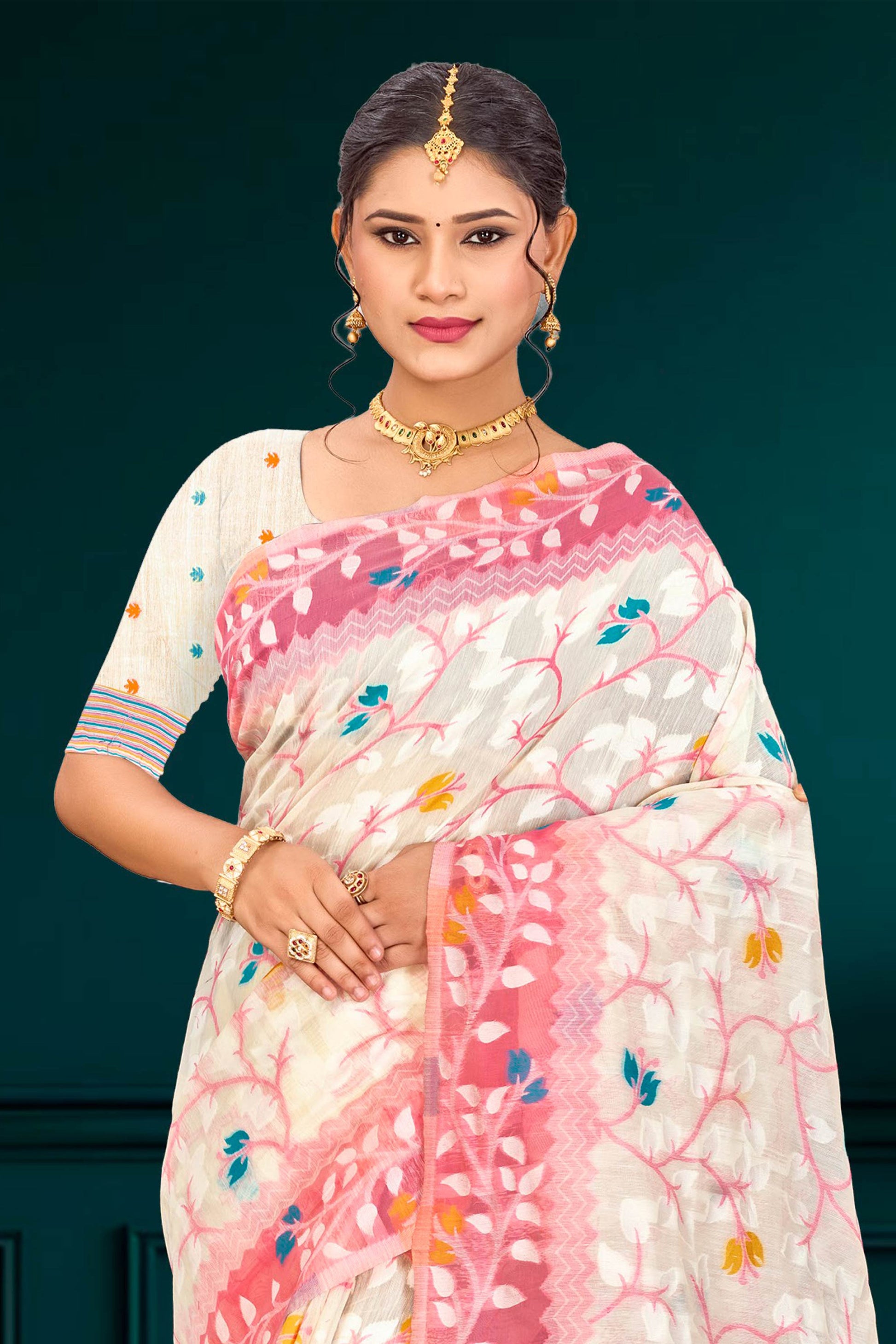 Sangam Prints Pink Cotton Blend Woven Work Traditional Saree