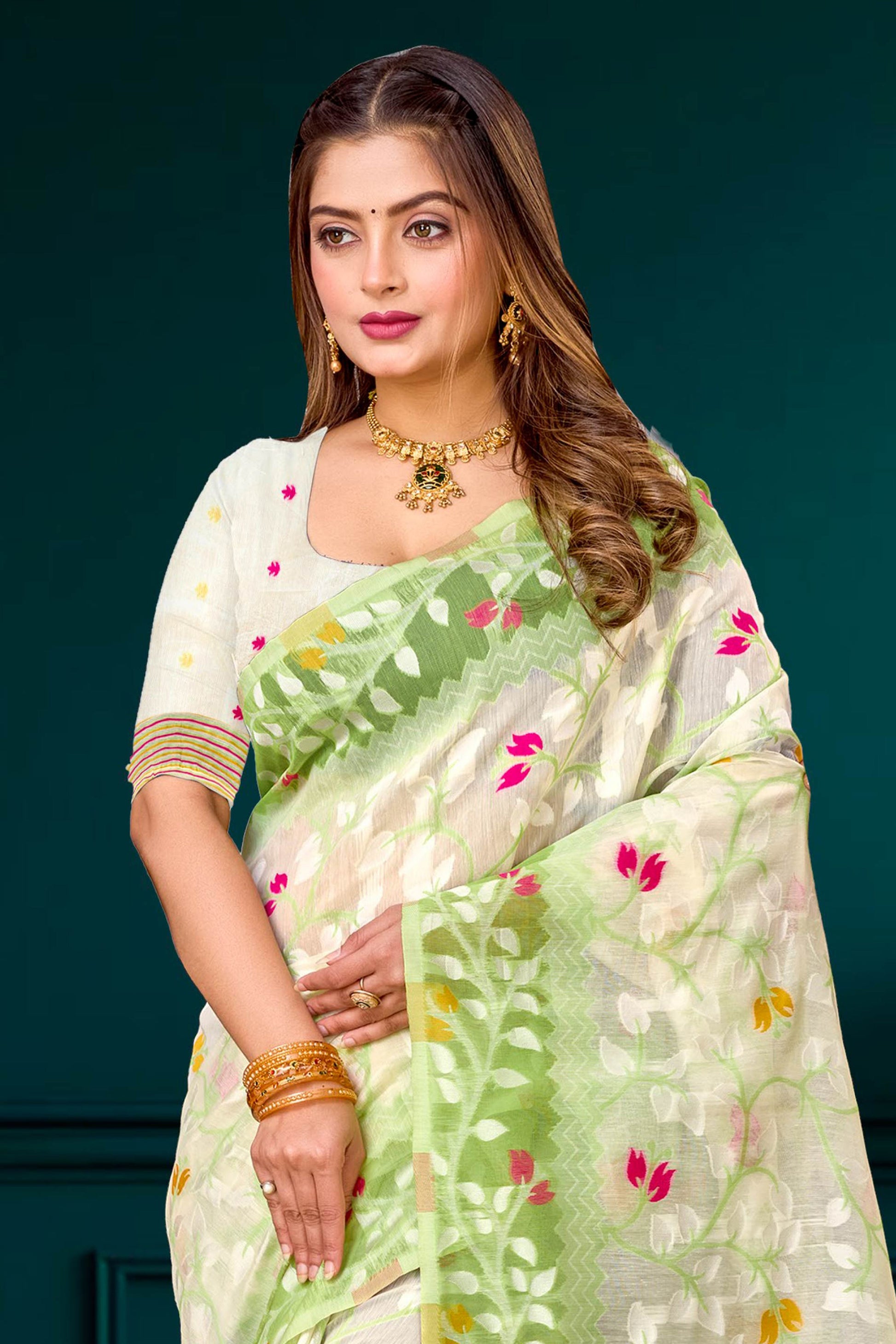 Sangam Prints Green Cotton Blend Woven Work Traditional Saree