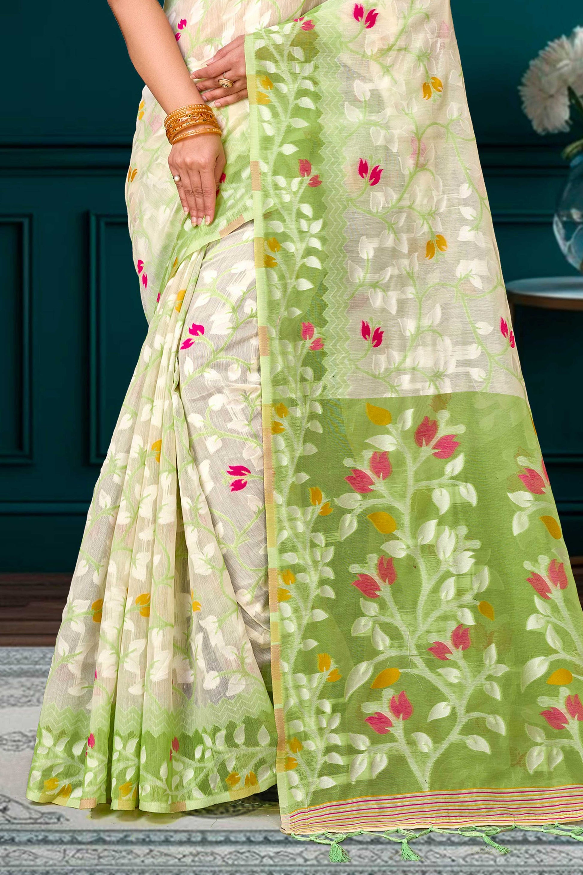 Sangam Prints Green Cotton Blend Woven Work Traditional Saree
