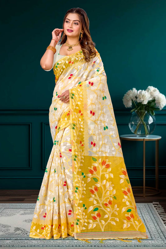 Sangam Prints Yellow Cotton Blend Woven Work Traditional Saree
