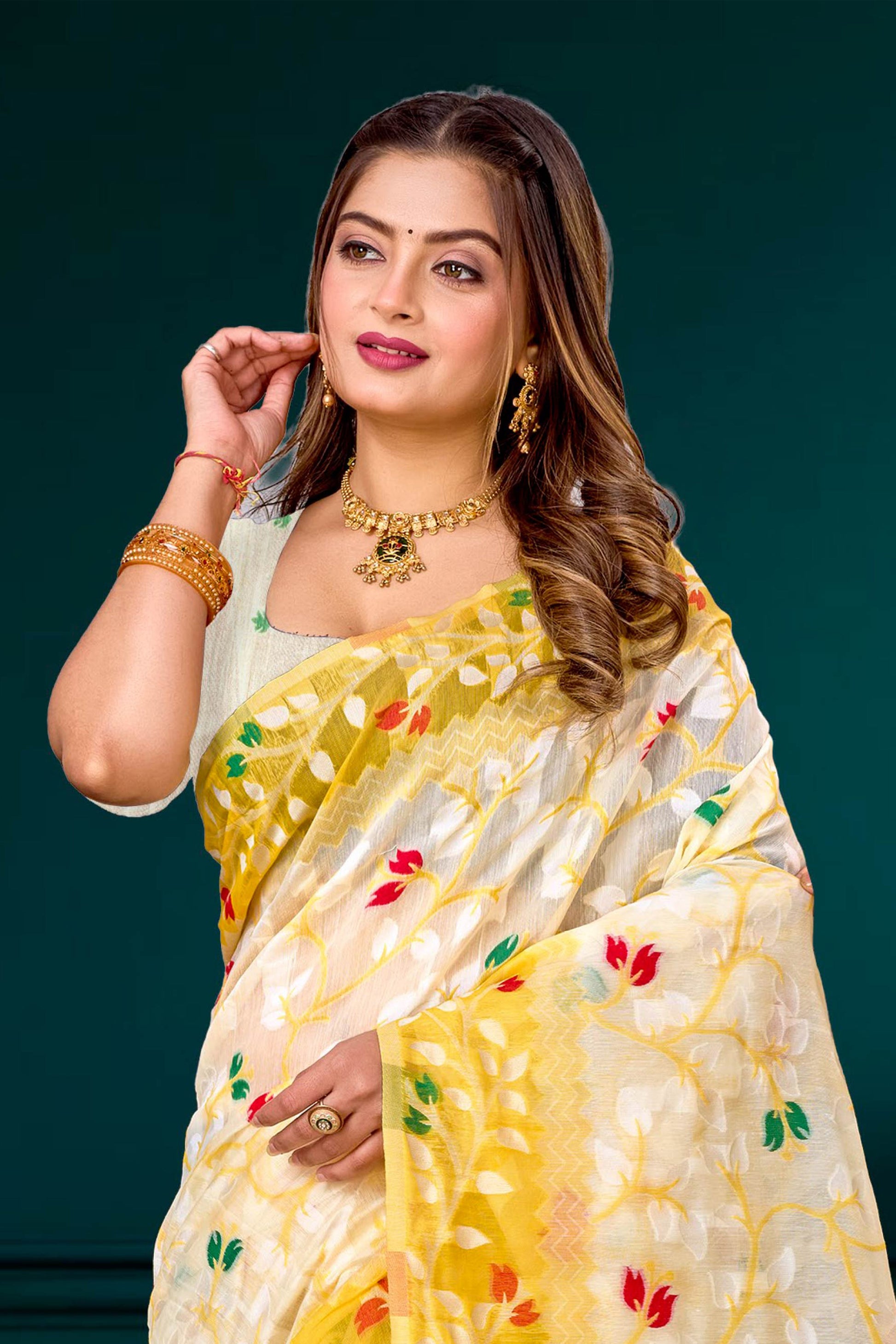 Sangam Prints Yellow Cotton Blend Woven Work Traditional Saree