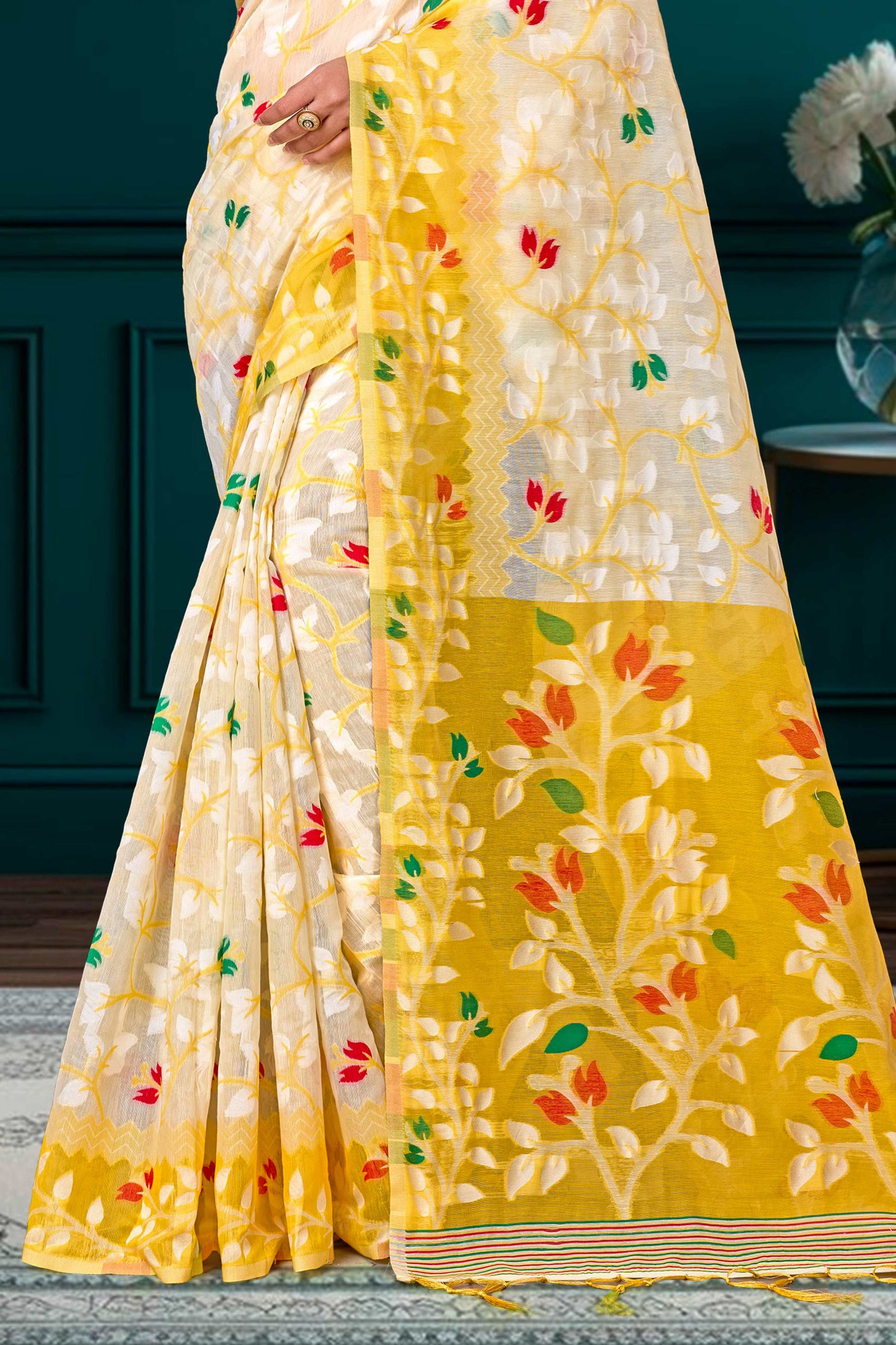 Sangam Prints Yellow Cotton Blend Woven Work Traditional Saree