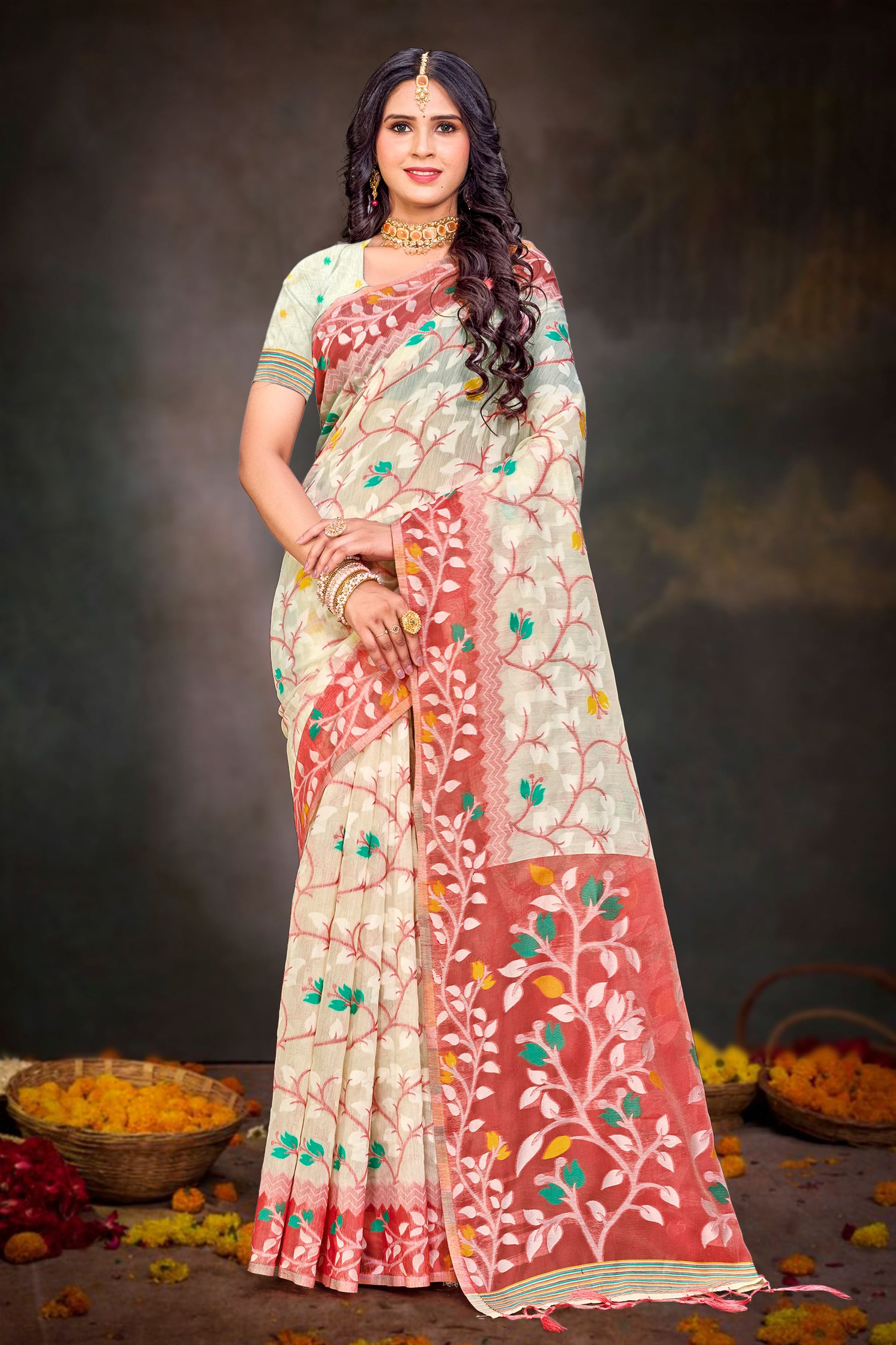 Sangam Prints Red Cotton Blend Woven Work Traditional Saree