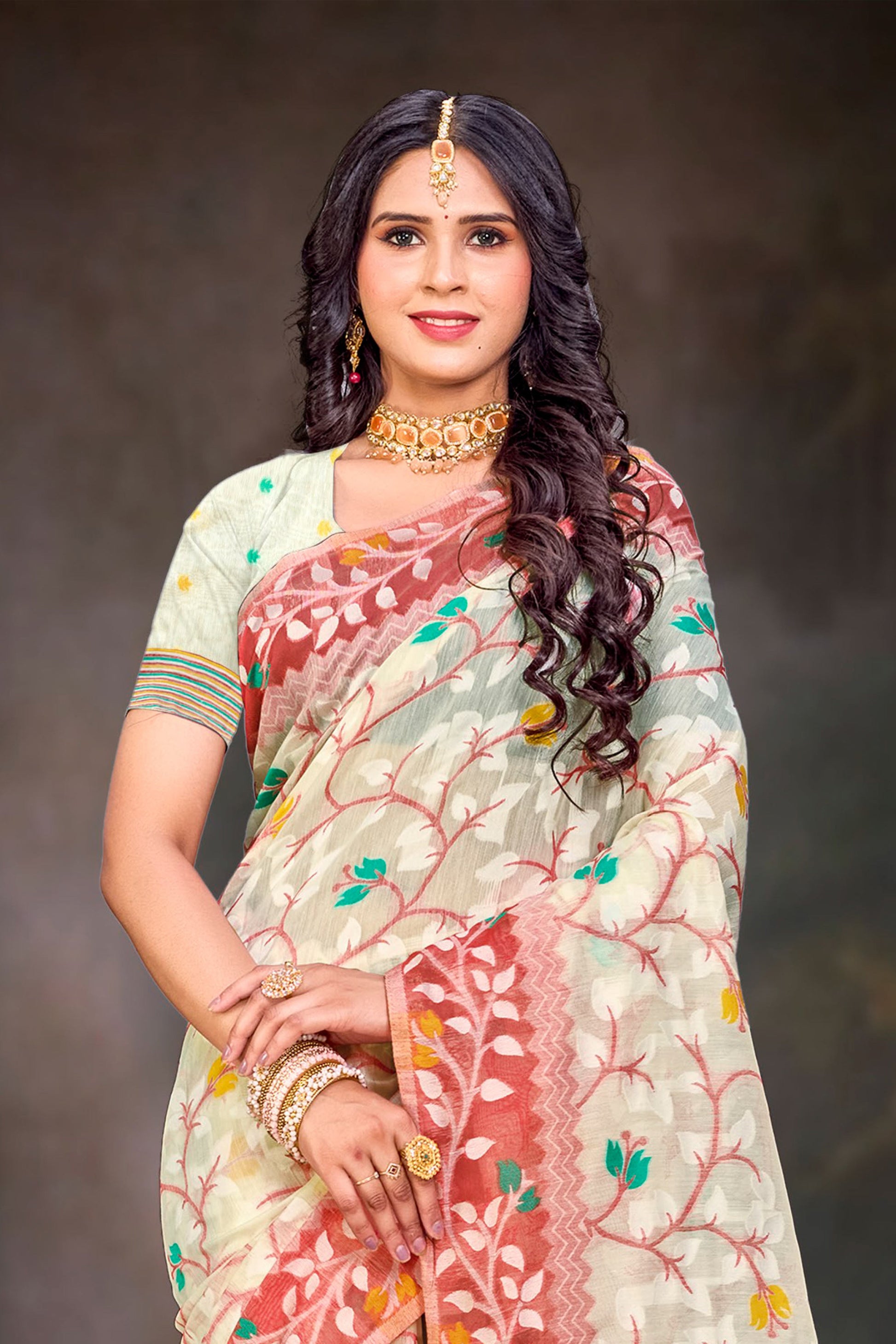 Sangam Prints Red Cotton Blend Woven Work Traditional Saree