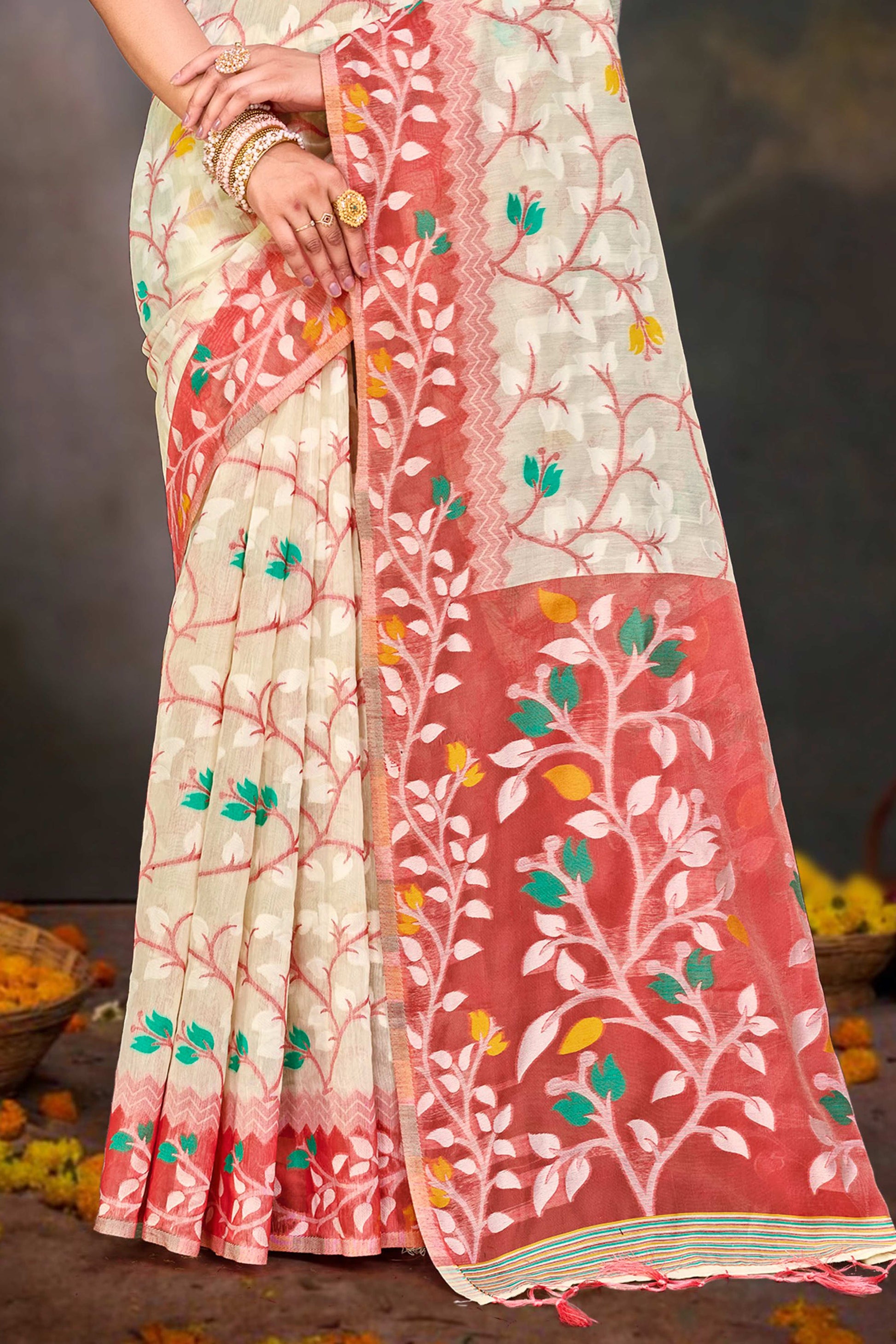 Sangam Prints Red Cotton Blend Woven Work Traditional Saree