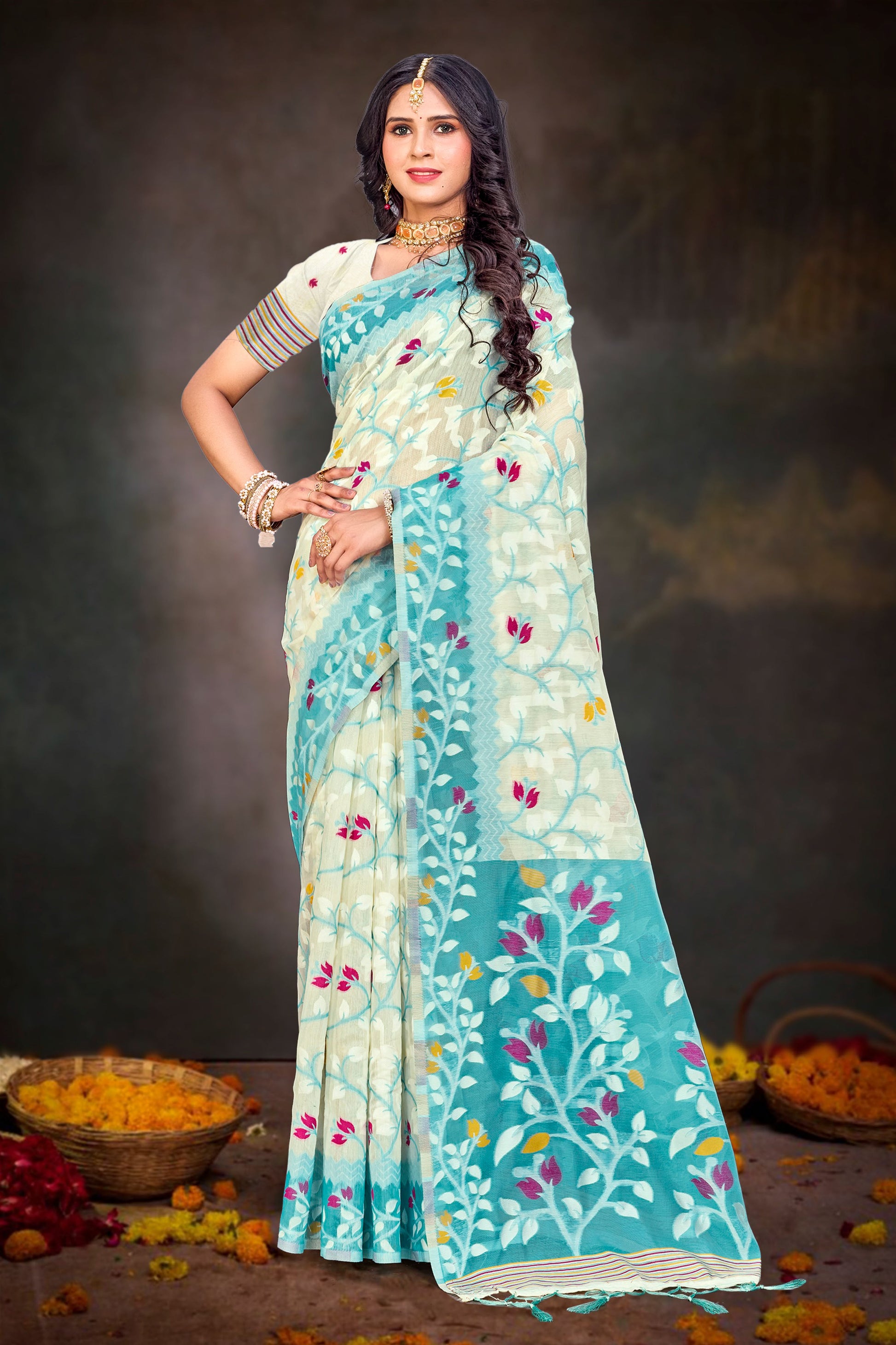 Sangam Prints Sea Green Cotton Blend Woven Work Traditional Saree