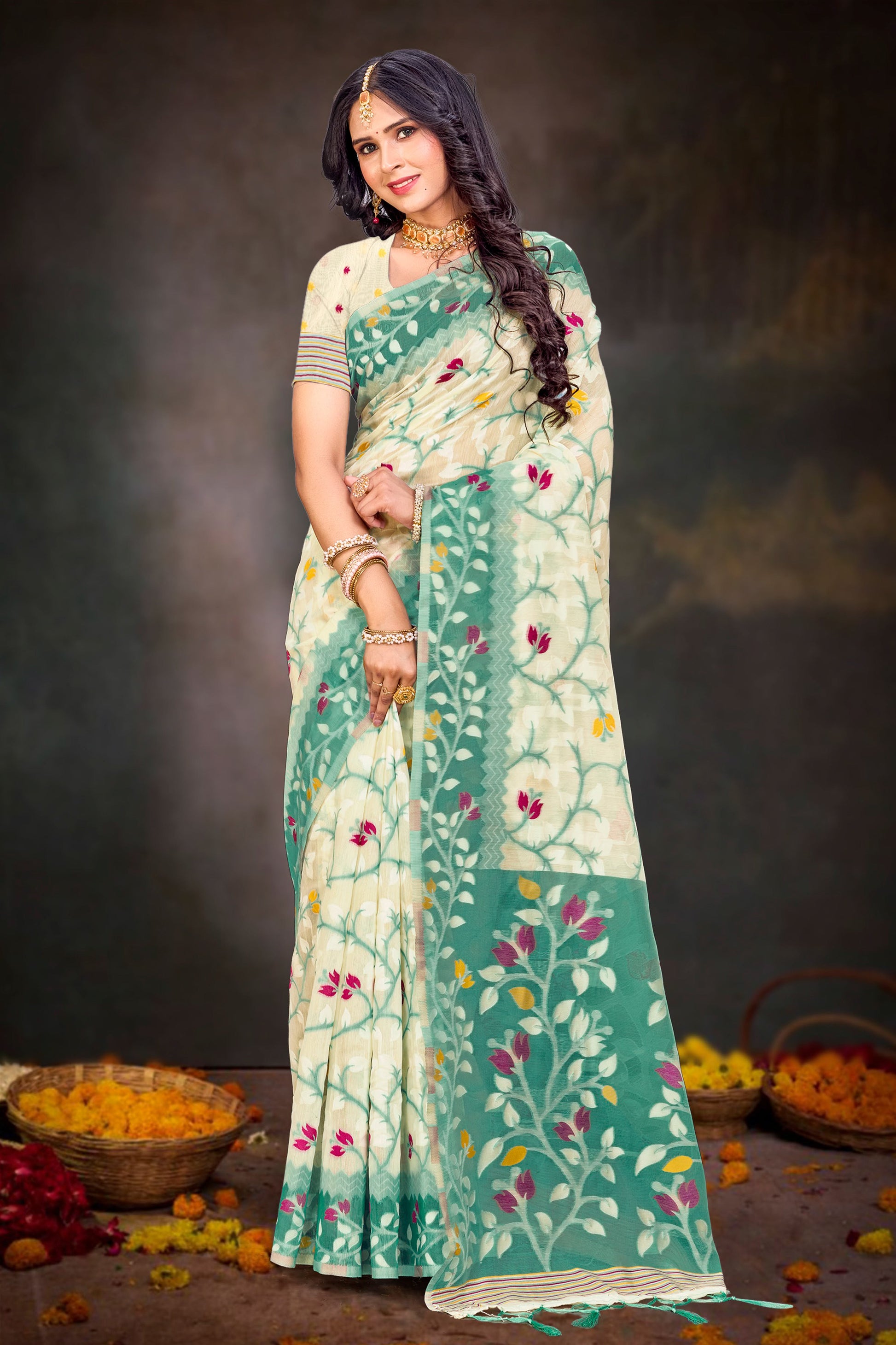Sangam Prints Mint Green Cotton Blend Woven Work Traditional Saree