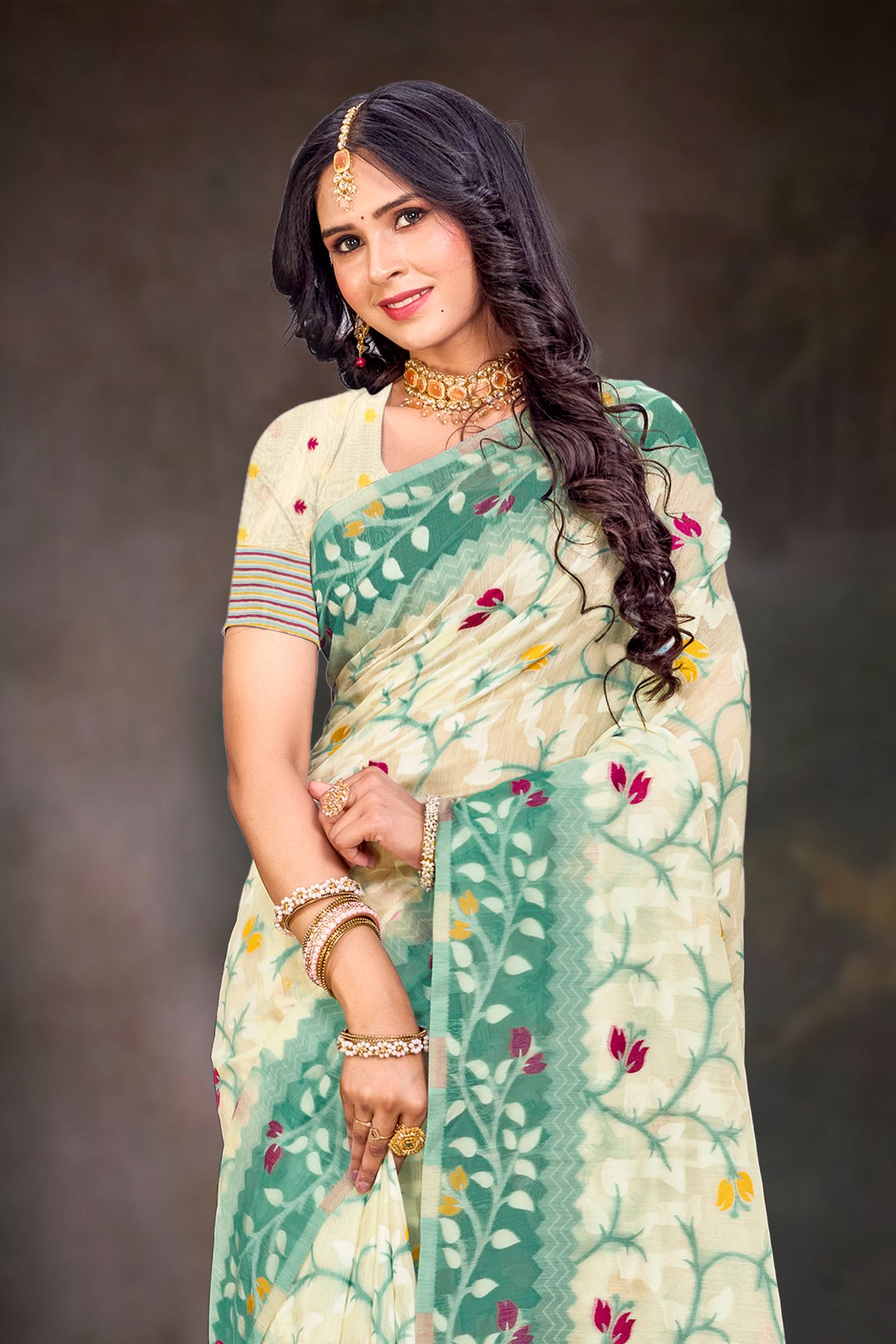 Sangam Prints Mint Green Cotton Blend Woven Work Traditional Saree