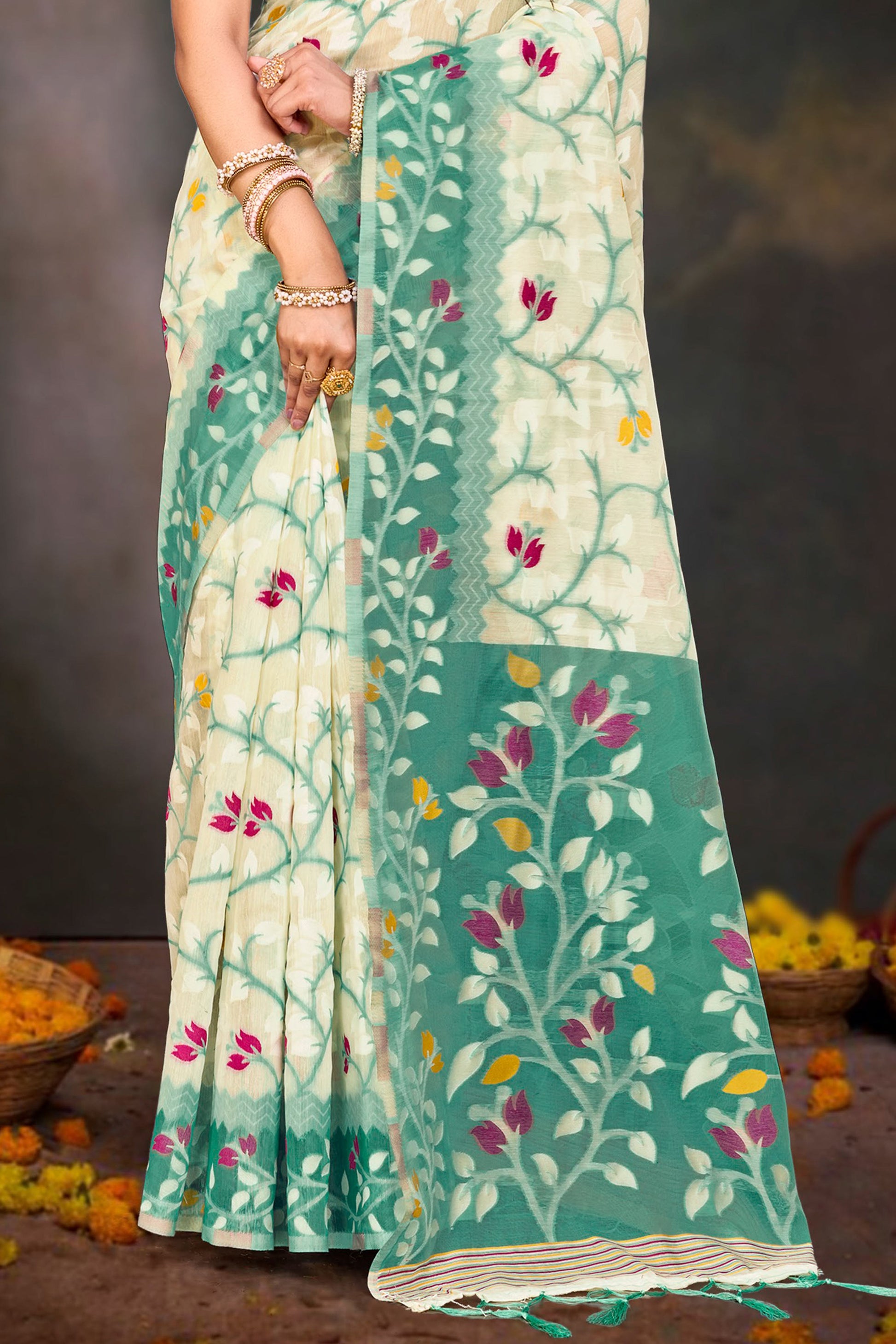 Sangam Prints Mint Green Cotton Blend Woven Work Traditional Saree