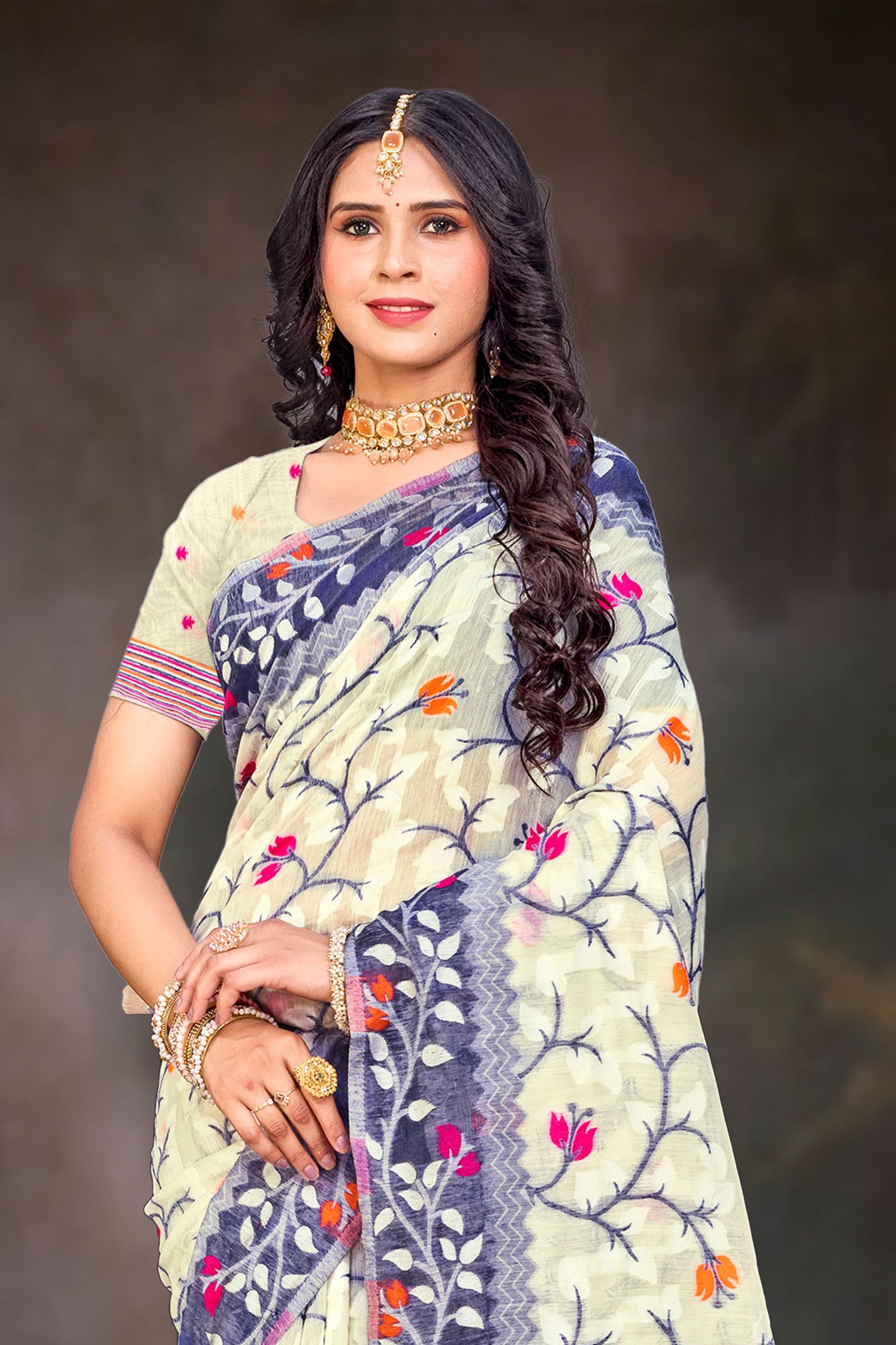 Sangam Prints Violet Cotton Blend Woven Work Traditional Saree