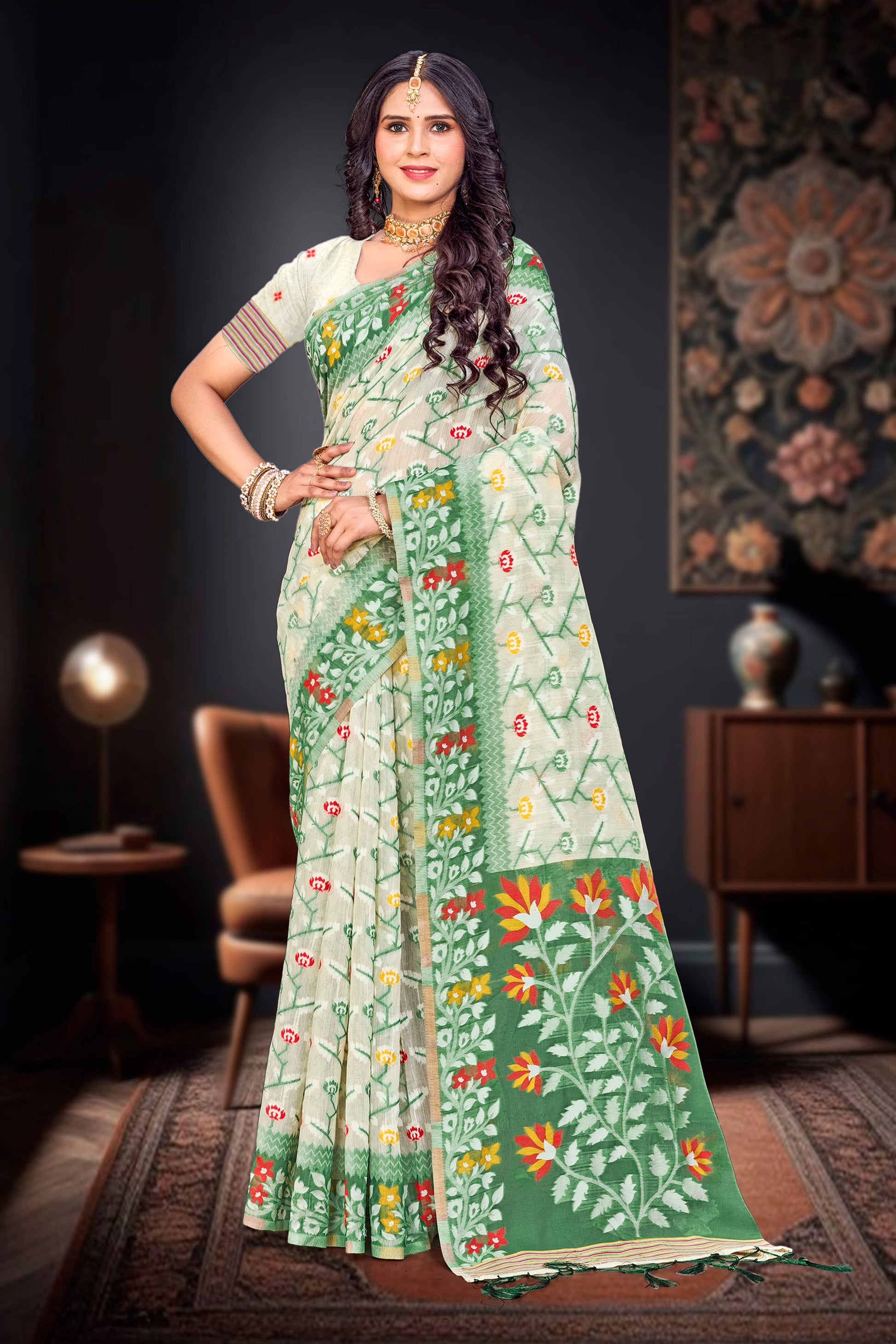 Sangam Prints Dark Green Cotton Blend Woven Work Traditional Saree