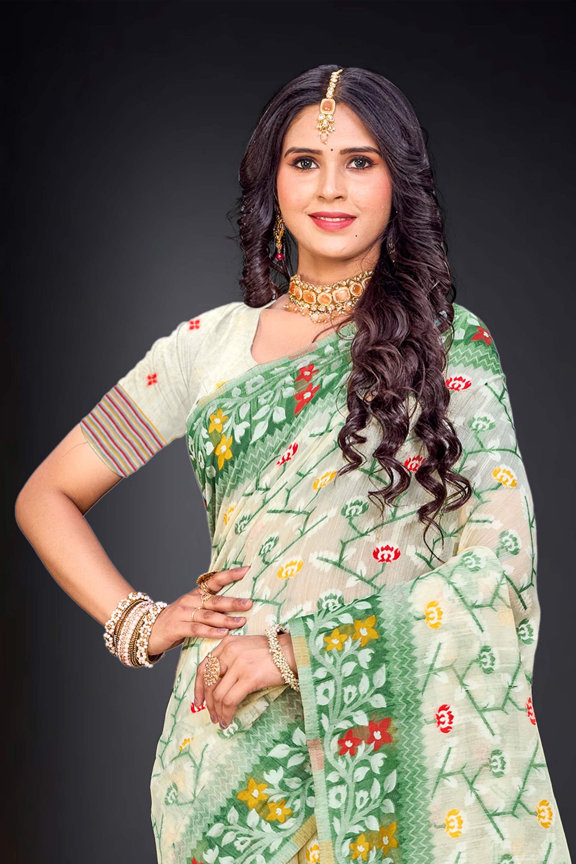 Sangam Prints Dark Green Cotton Blend Woven Work Traditional Saree