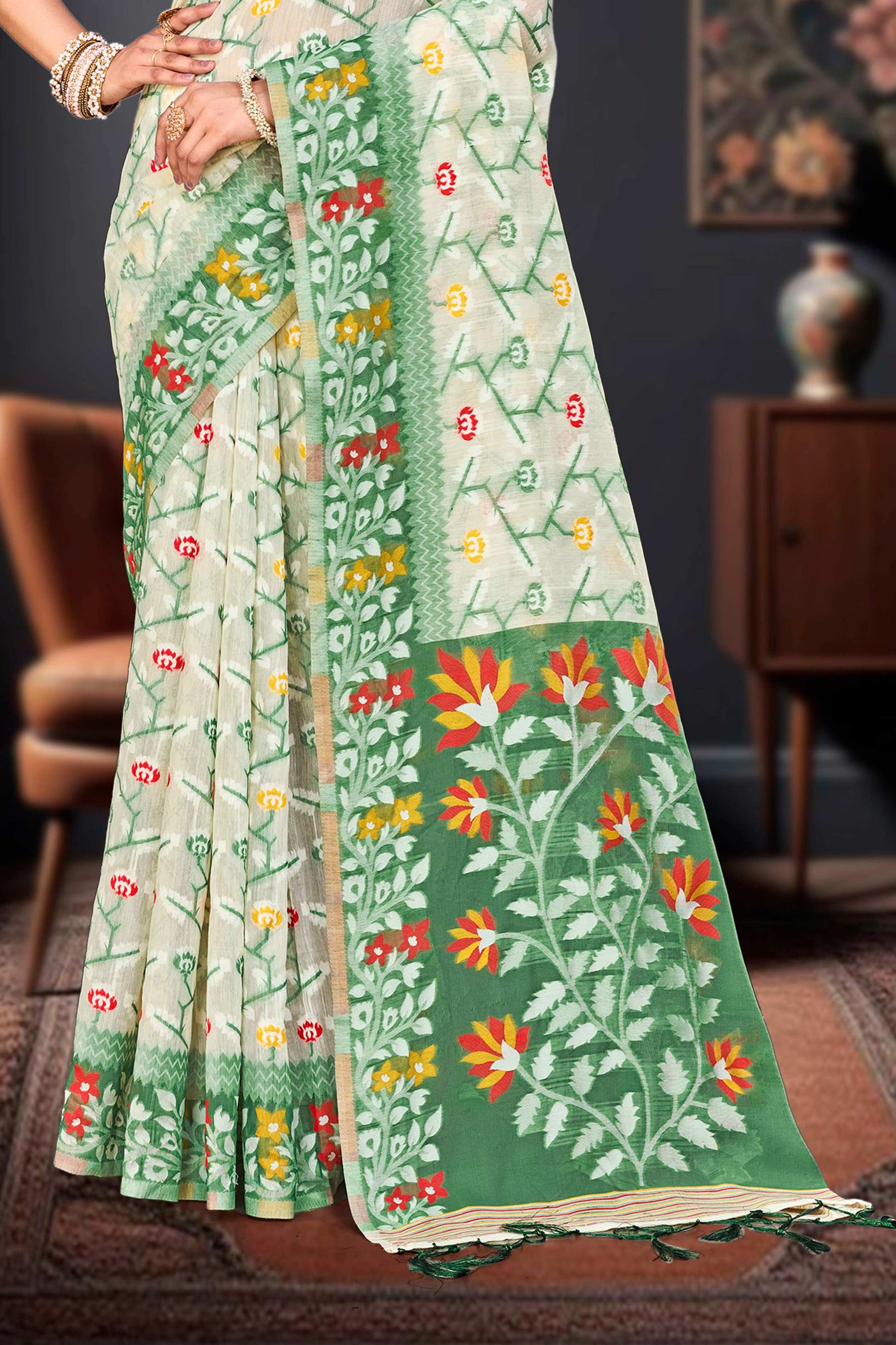 Sangam Prints Dark Green Cotton Blend Woven Work Traditional Saree