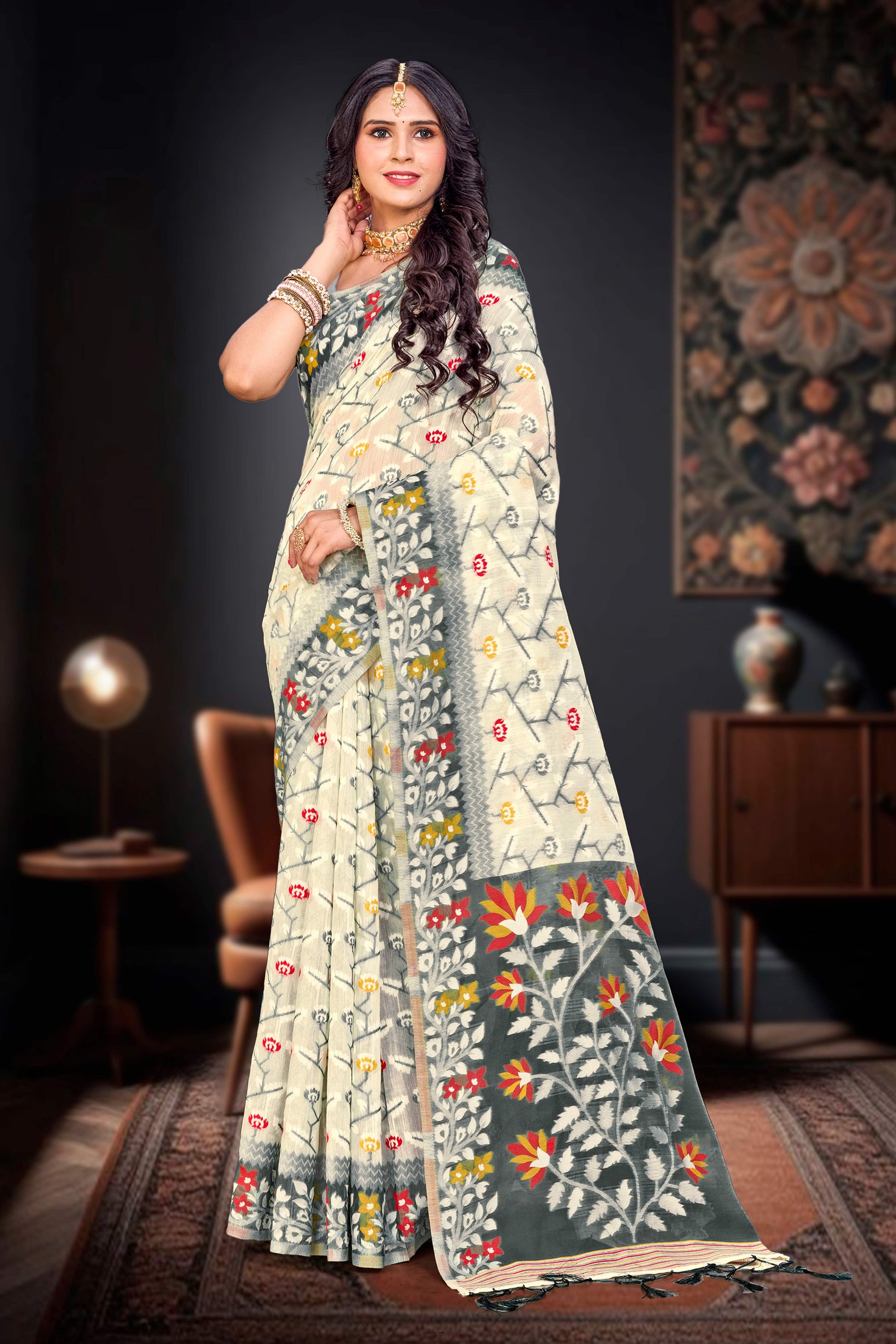 Sangam Prints Gray Cotton Blend Woven Work Traditional Saree