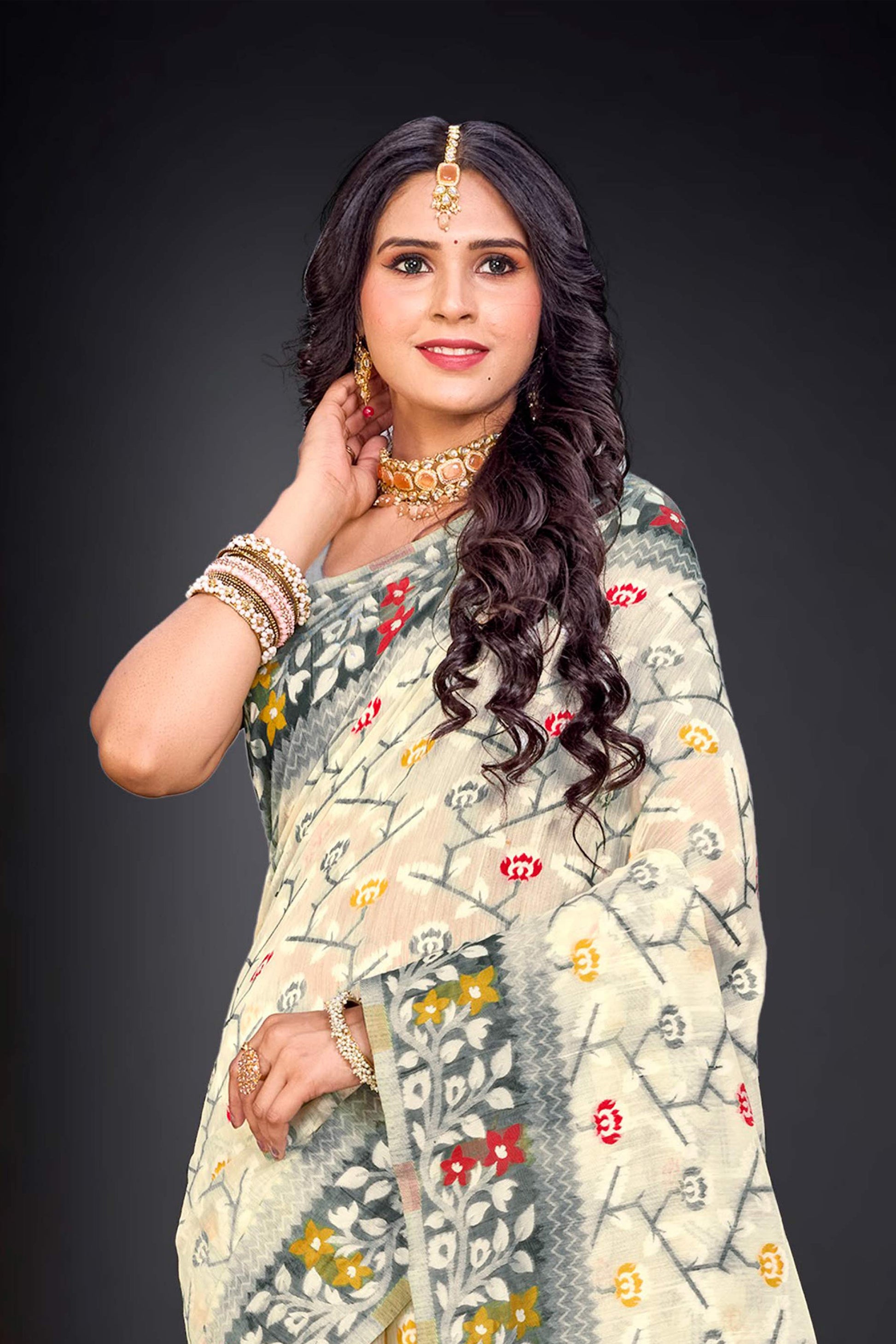 Sangam Prints Gray Cotton Blend Woven Work Traditional Saree