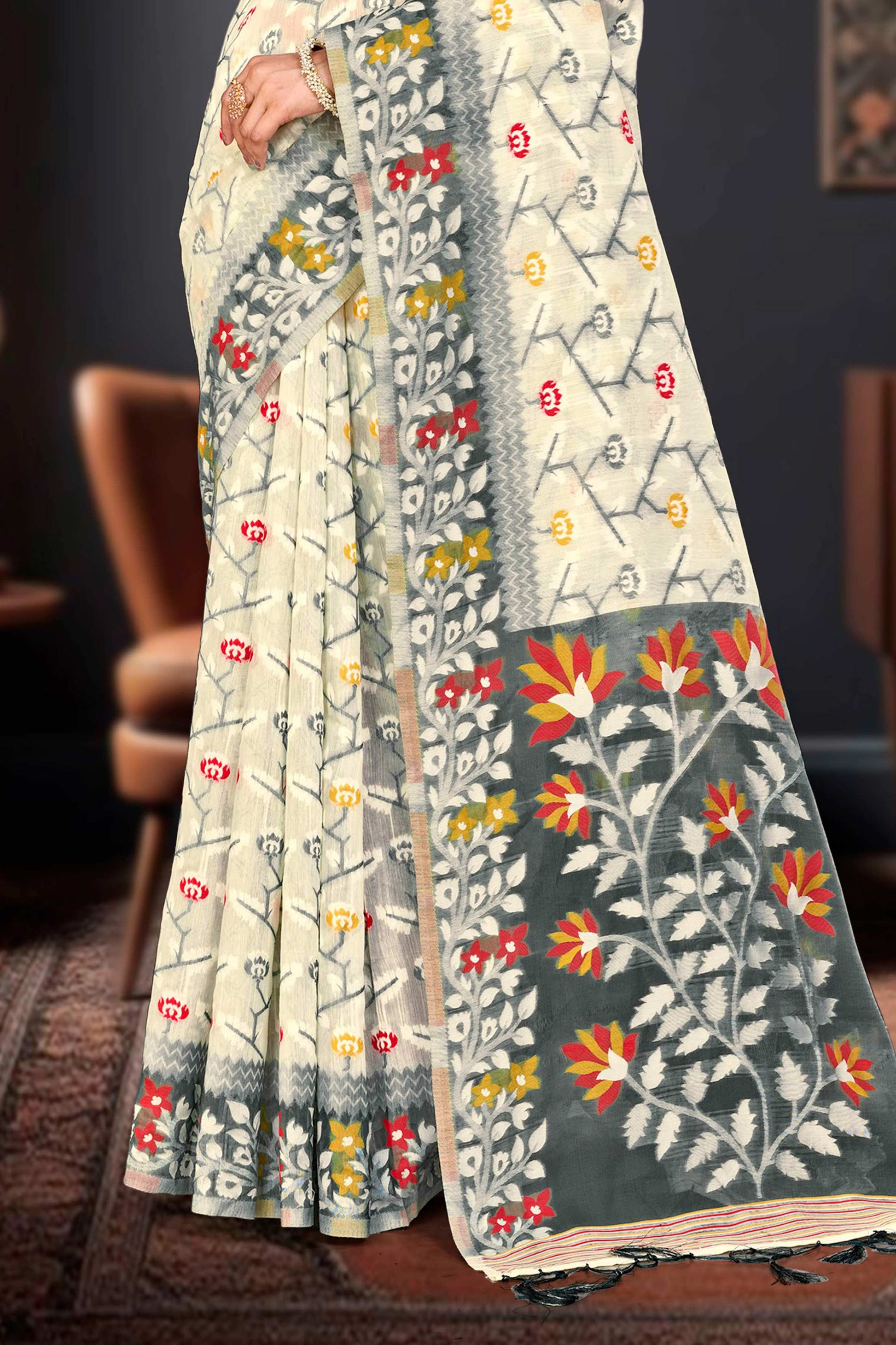 Sangam Prints Gray Cotton Blend Woven Work Traditional Saree