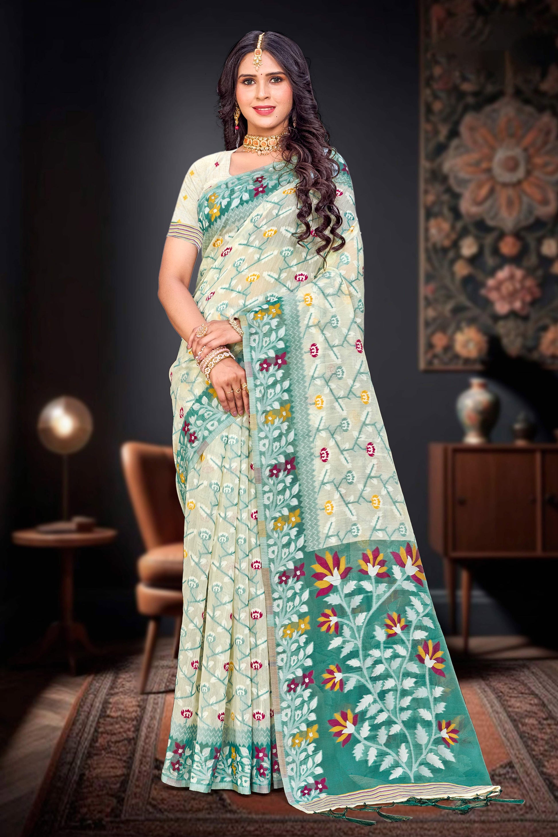 Sangam Prints Mint Green Cotton Blend Woven Work Traditional Saree