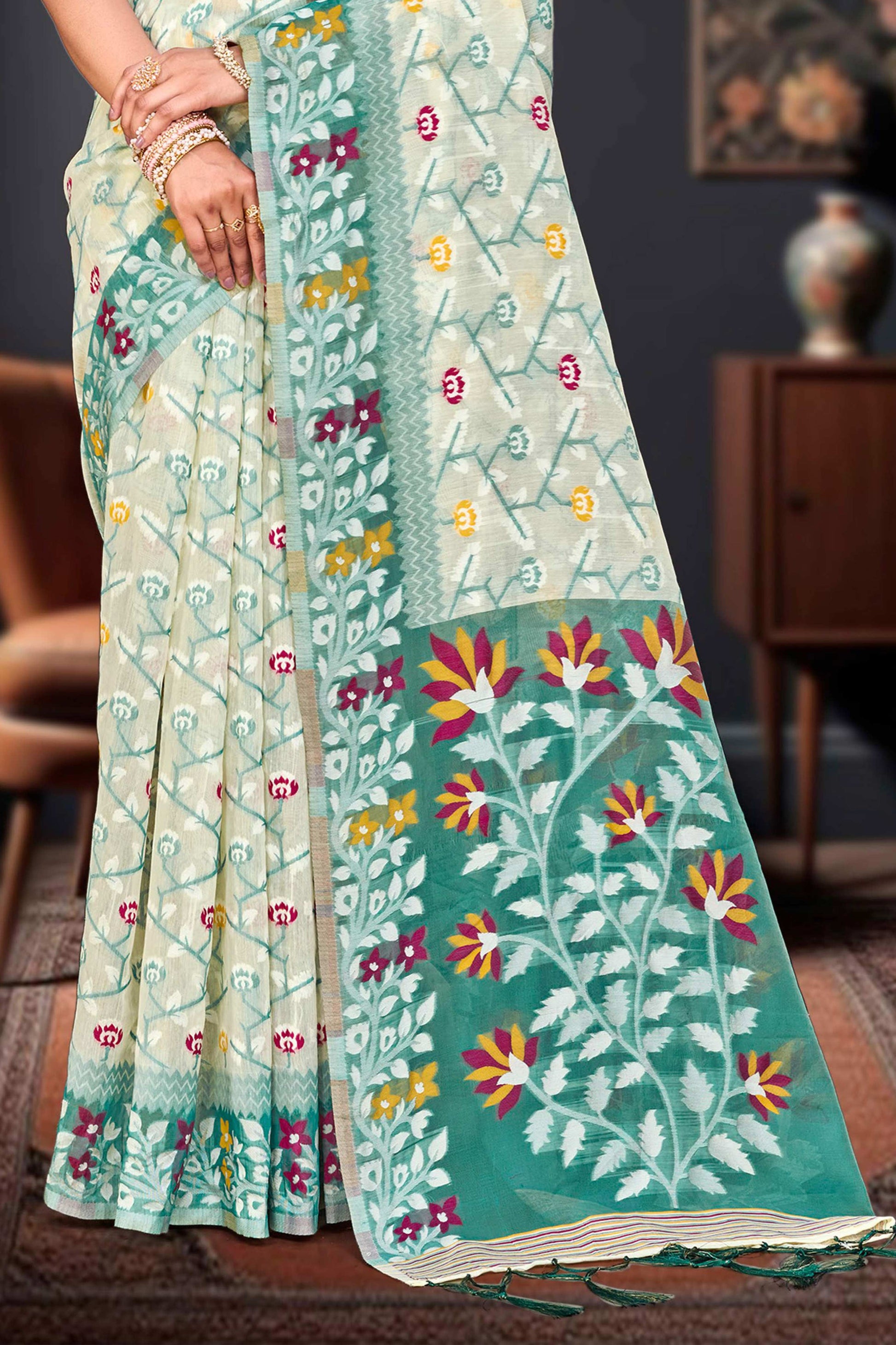 Sangam Prints Mint Green Cotton Blend Woven Work Traditional Saree