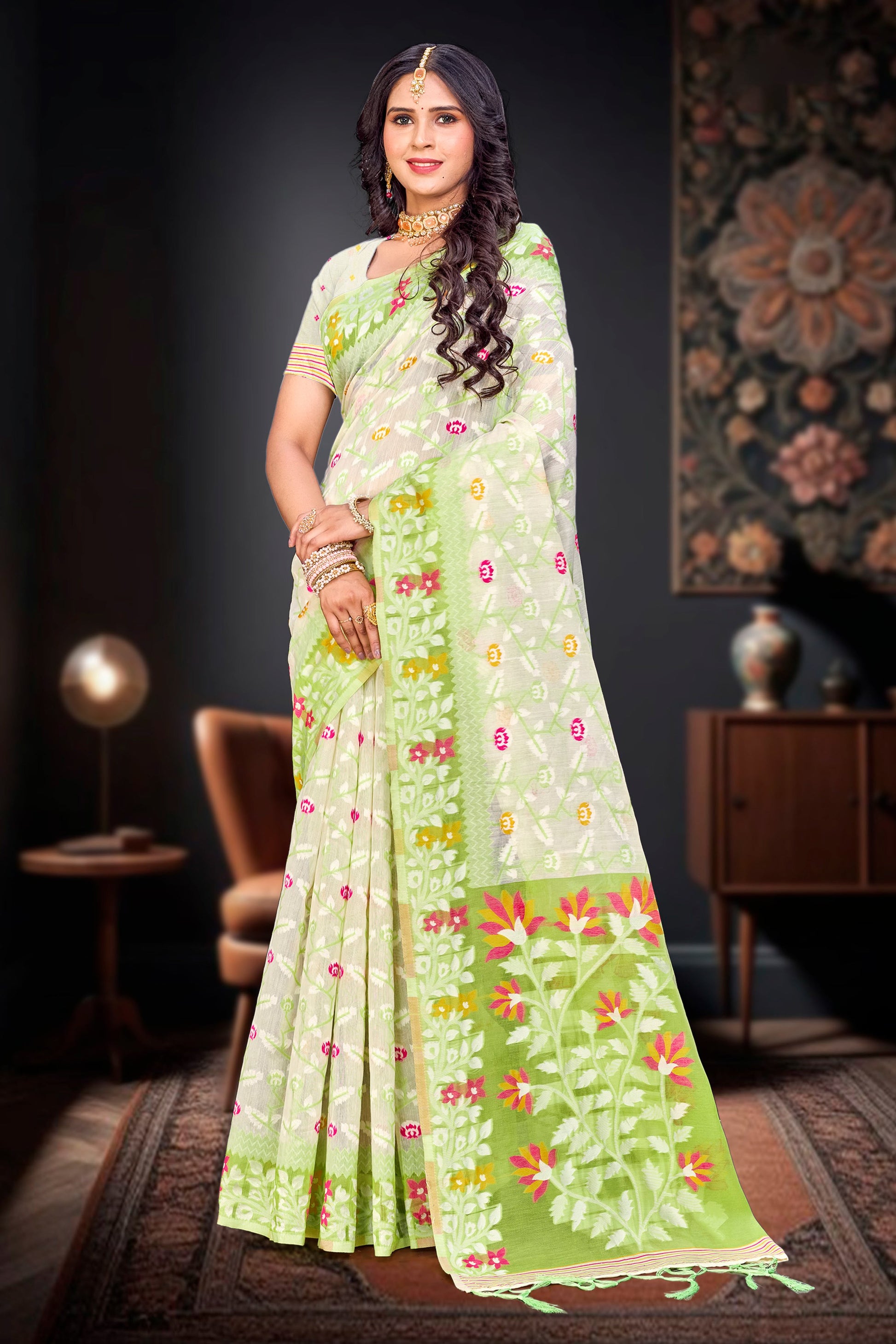 Sangam Prints Parrot Green Cotton Blend Woven Work Traditional Saree