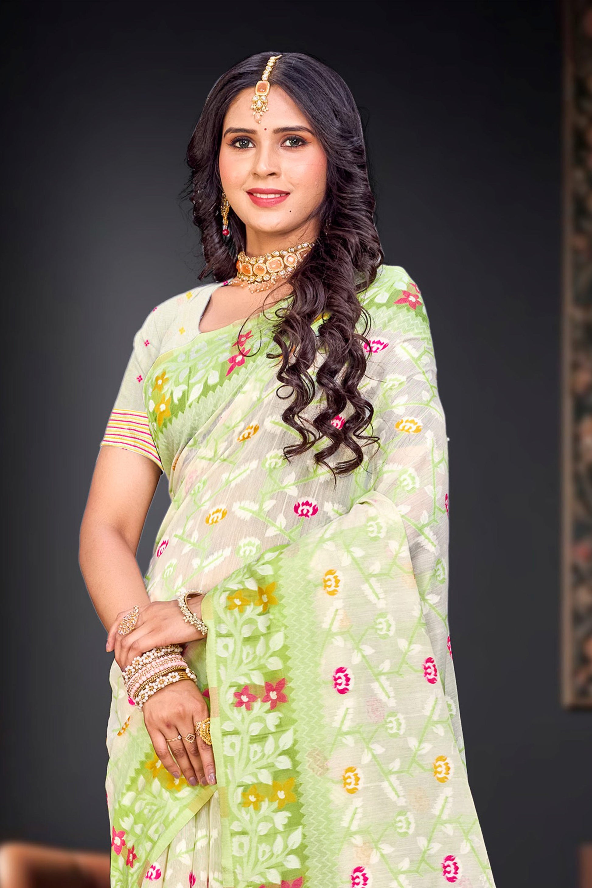 Sangam Prints Parrot Green Cotton Blend Woven Work Traditional Saree
