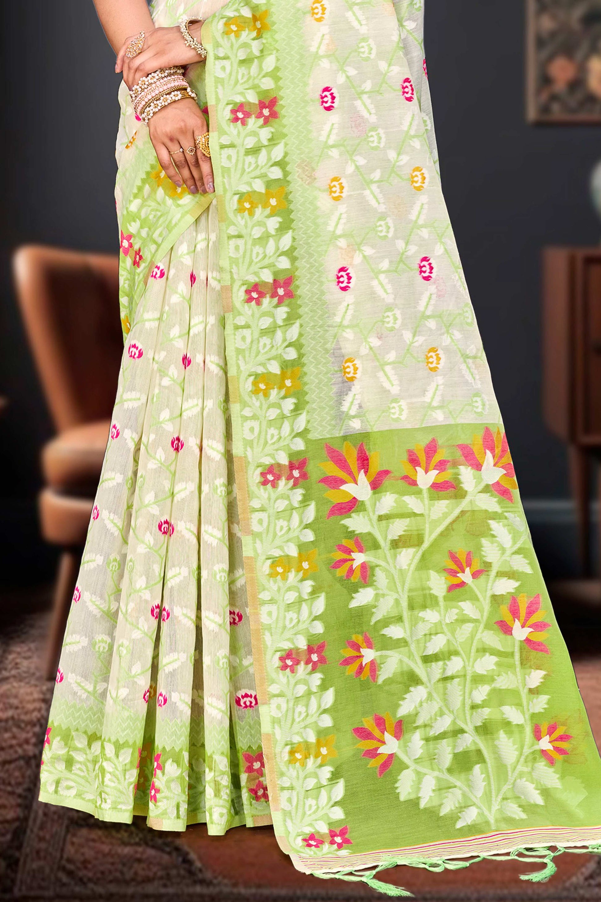 Sangam Prints Parrot Green Cotton Blend Woven Work Traditional Saree