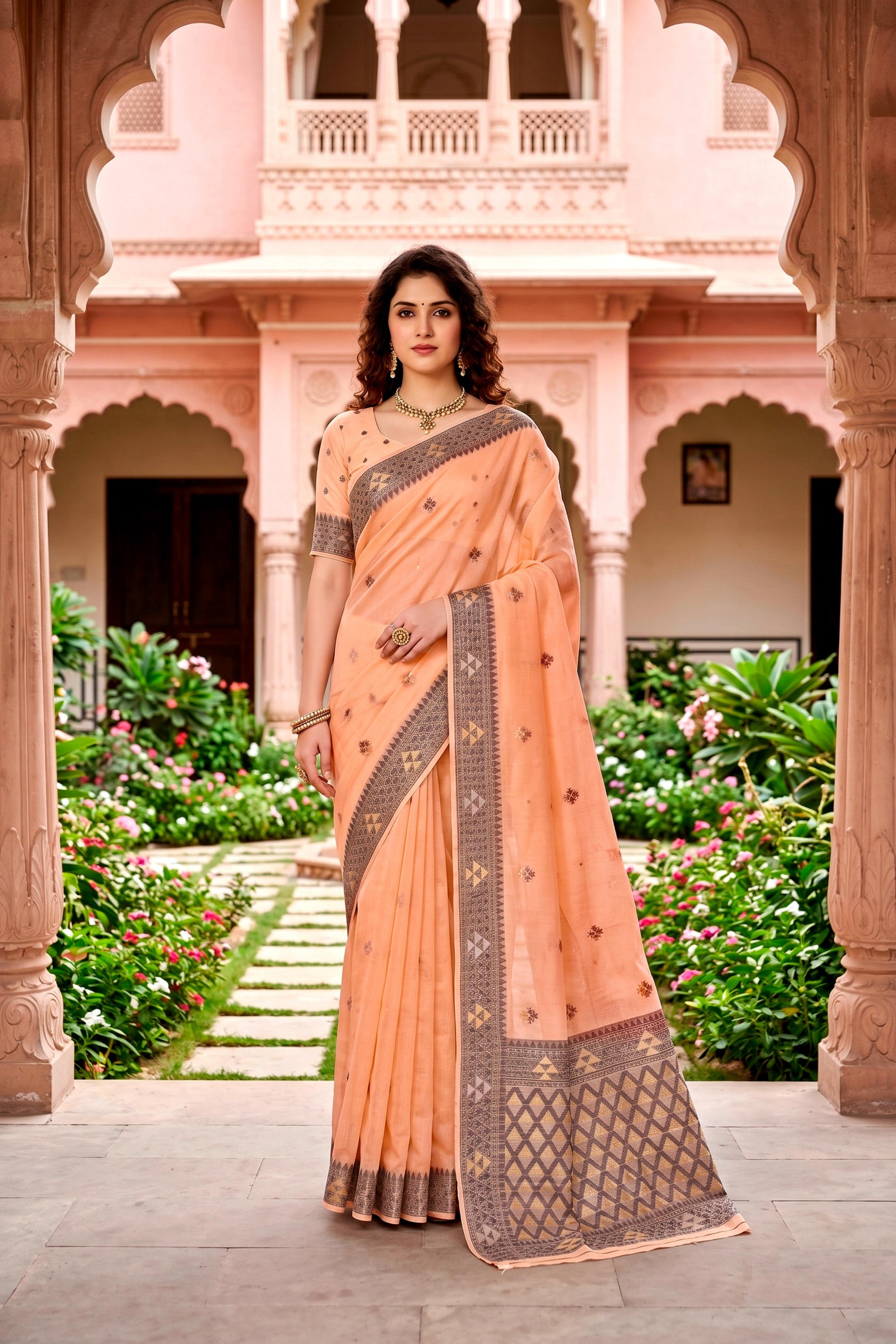 Sangam Prints Peach Cotton Blend Woven Work Traditional Saree