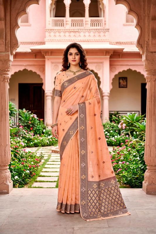 Sangam Prints Peach Cotton Blend Woven Work Traditional Saree