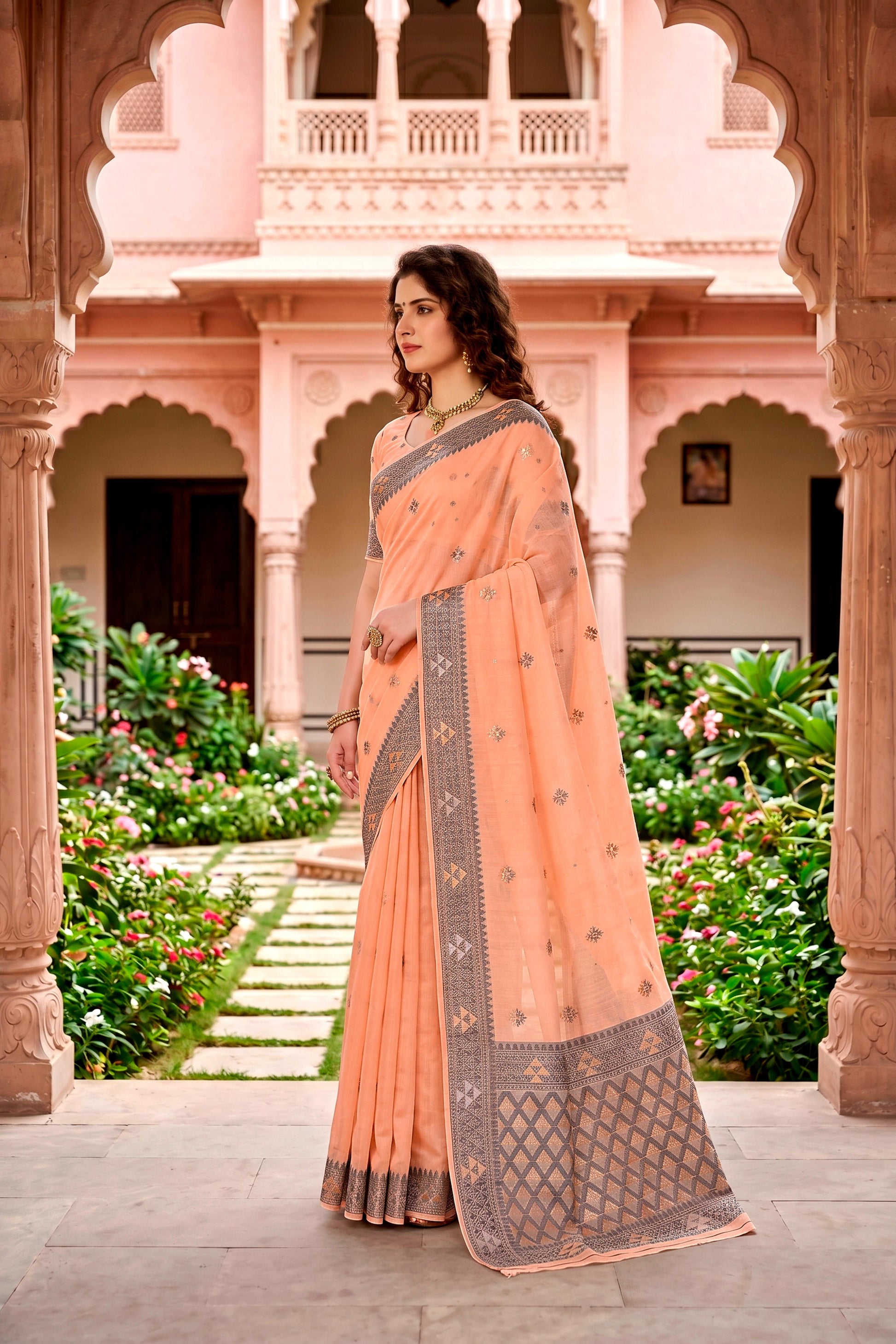 Sangam Prints Peach Cotton Blend Woven Work Traditional Saree
