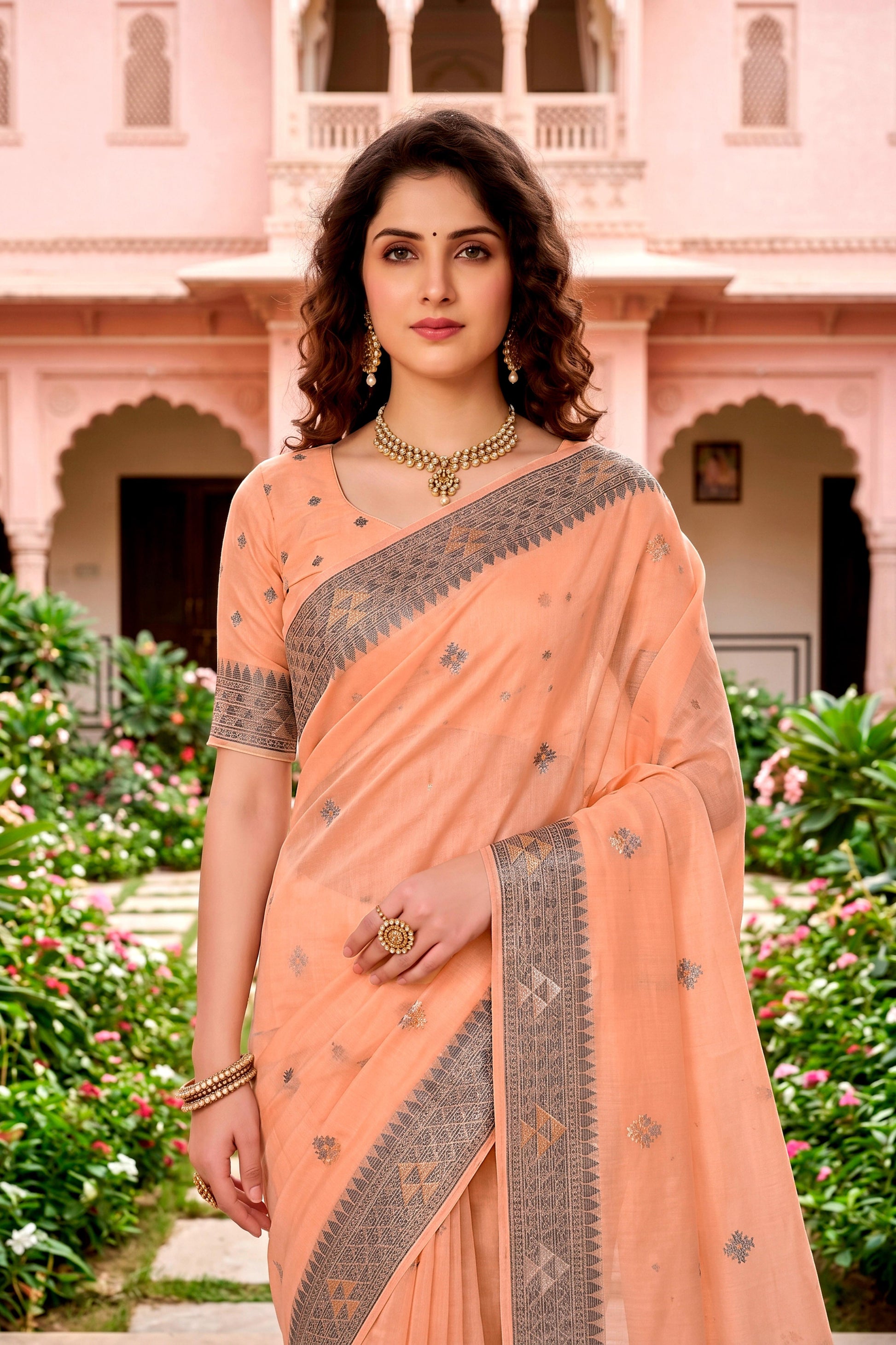 Sangam Prints Peach Cotton Blend Woven Work Traditional Saree