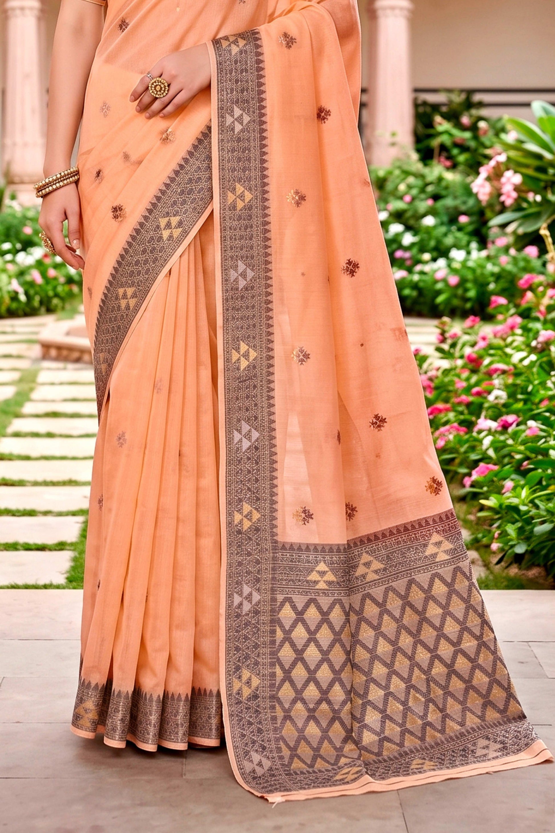 Sangam Prints Peach Cotton Blend Woven Work Traditional Saree