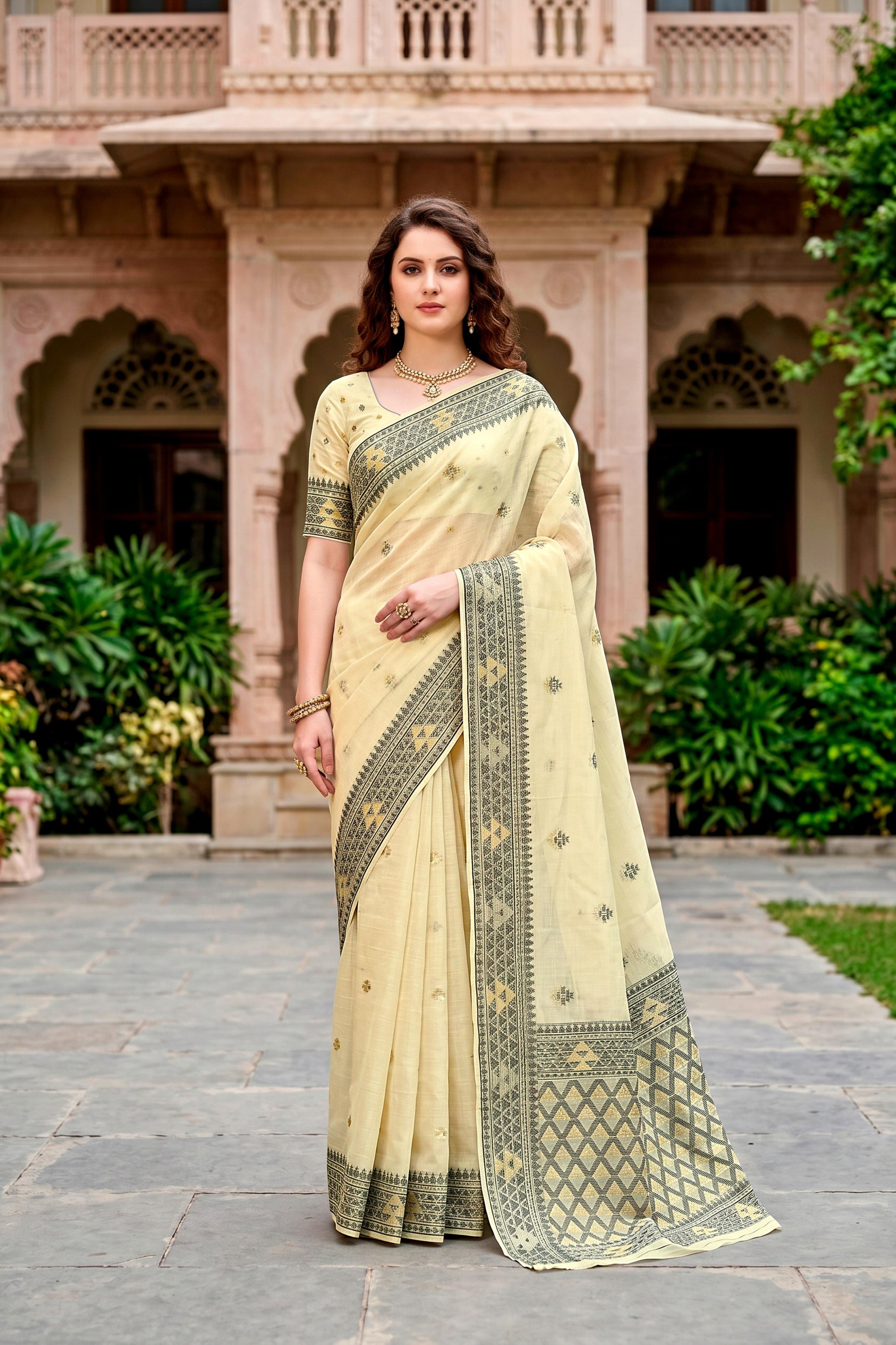 Sangam Prints Light Yellow Cotton Blend Woven Work Traditional Saree