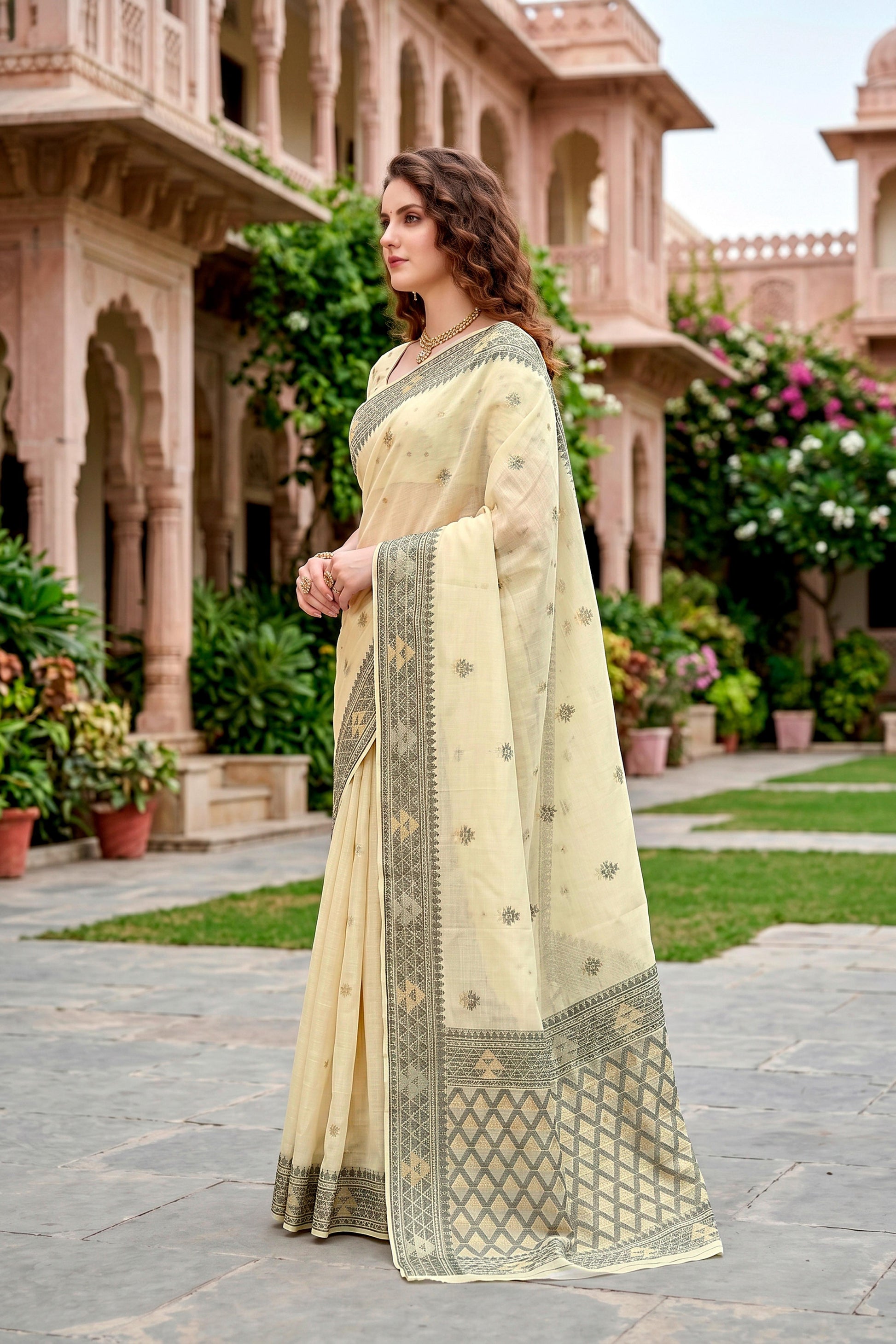 Sangam Prints Light Yellow Cotton Blend Woven Work Traditional Saree