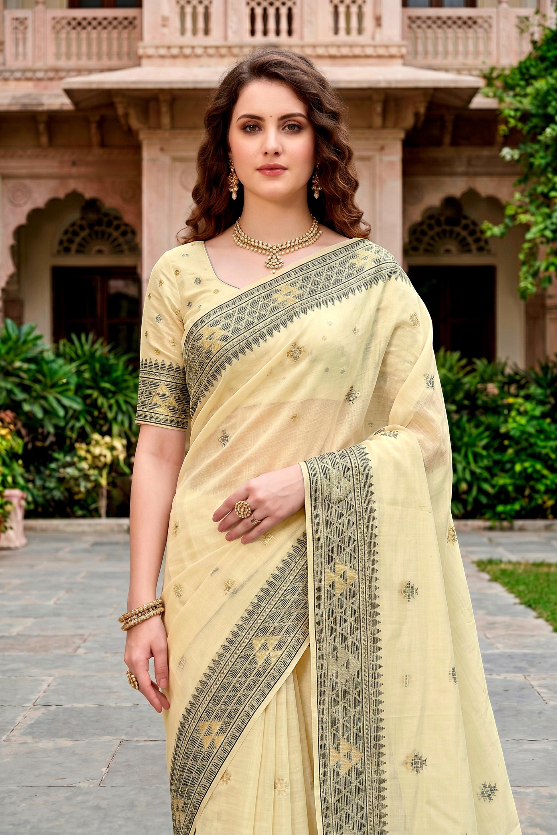 Sangam Prints Light Yellow Cotton Blend Woven Work Traditional Saree