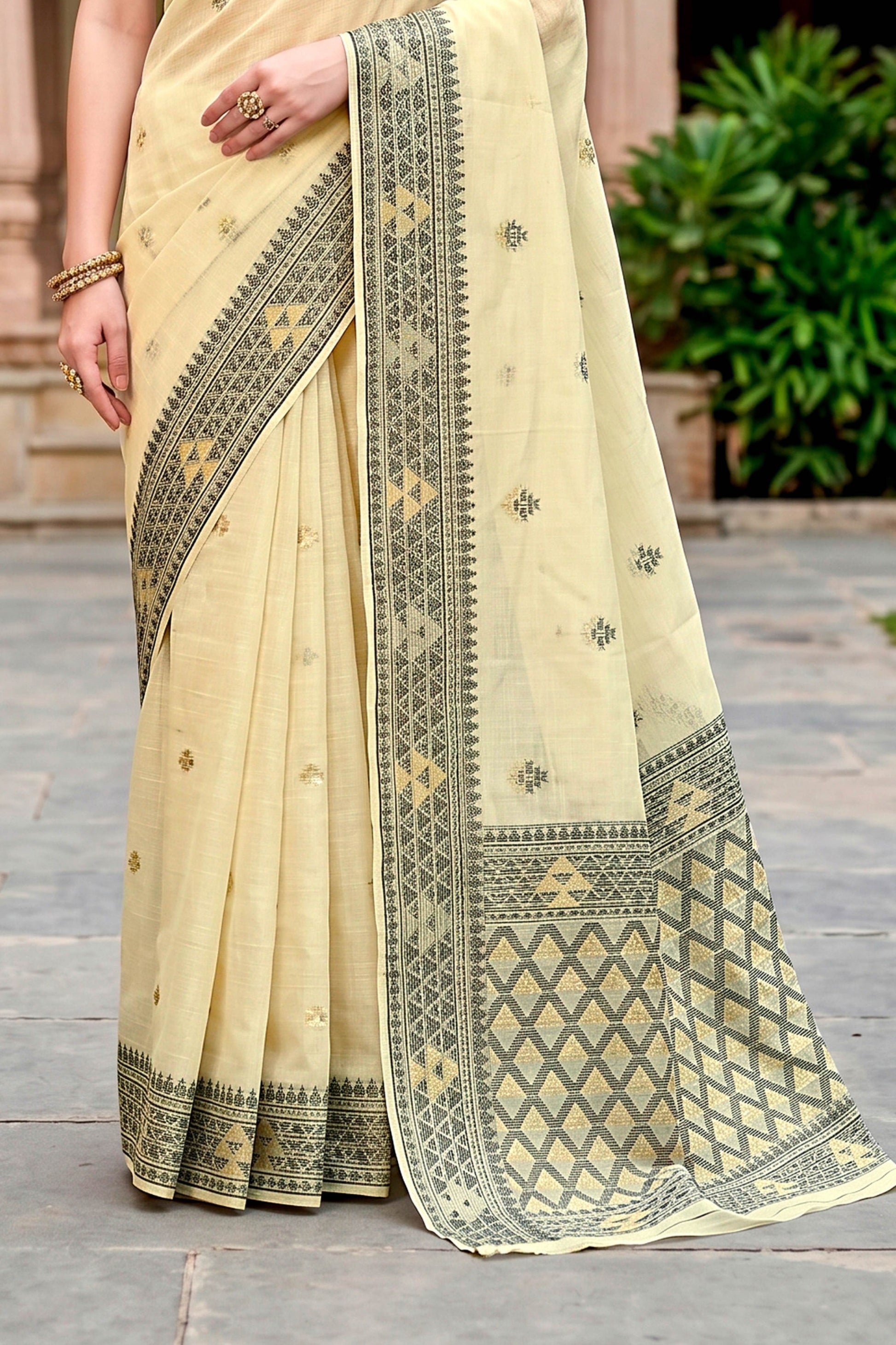 Sangam Prints Light Yellow Cotton Blend Woven Work Traditional Saree