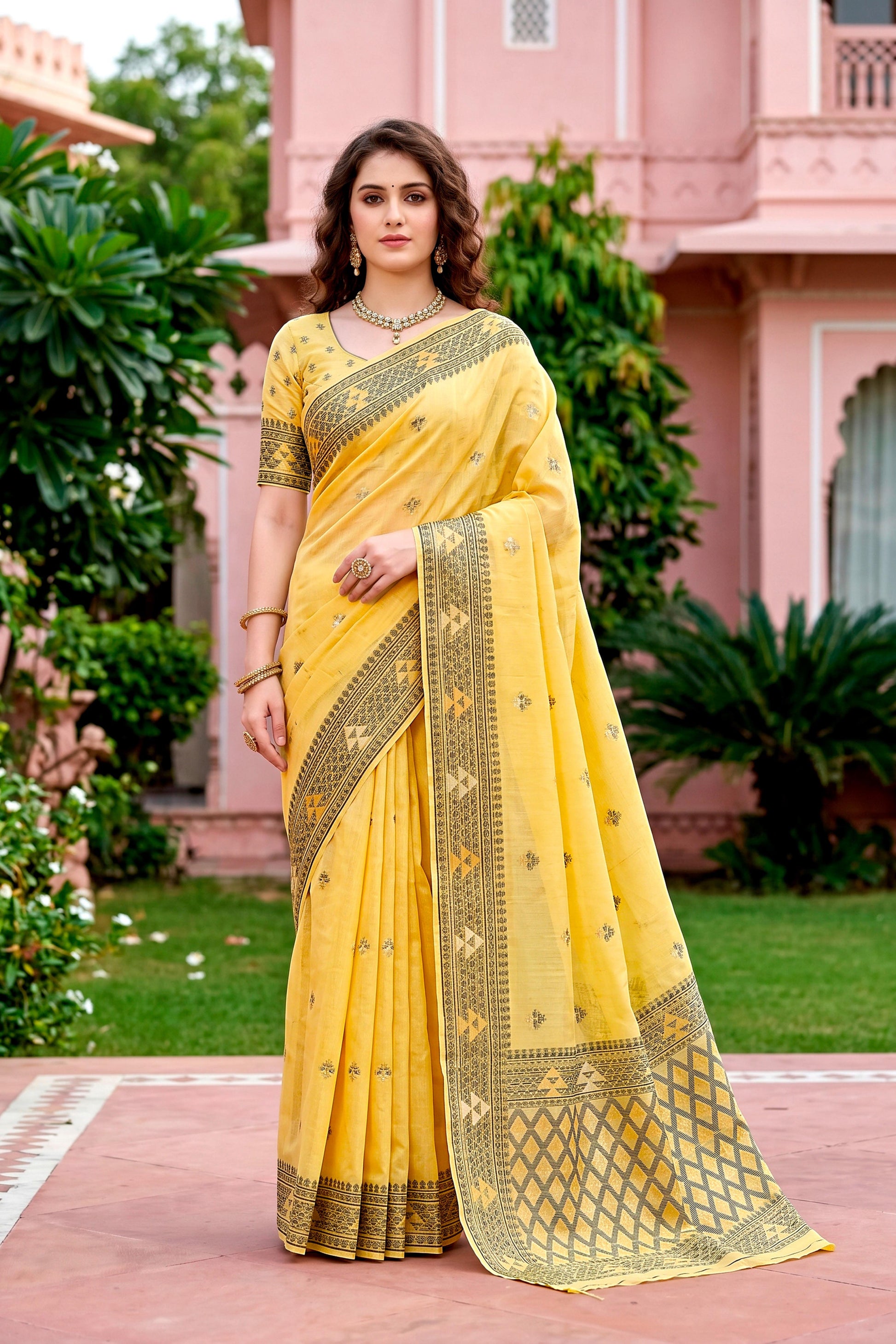 Sangam Prints Yellow Cotton Blend Woven Work Traditional Saree