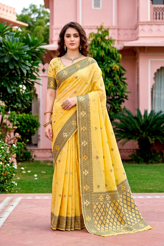 Sangam Prints Yellow Cotton Blend Woven Work Traditional Saree