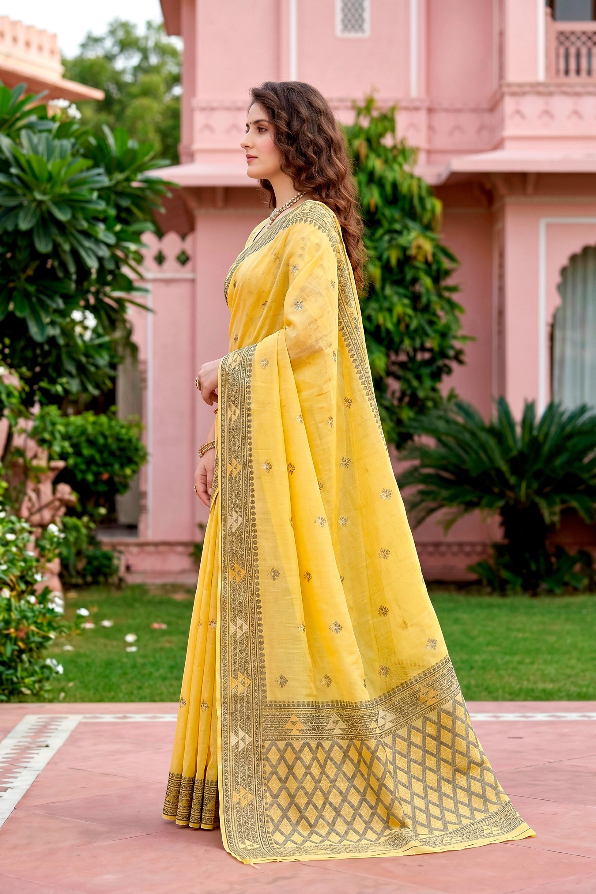 Sangam Prints Yellow Cotton Blend Woven Work Traditional Saree