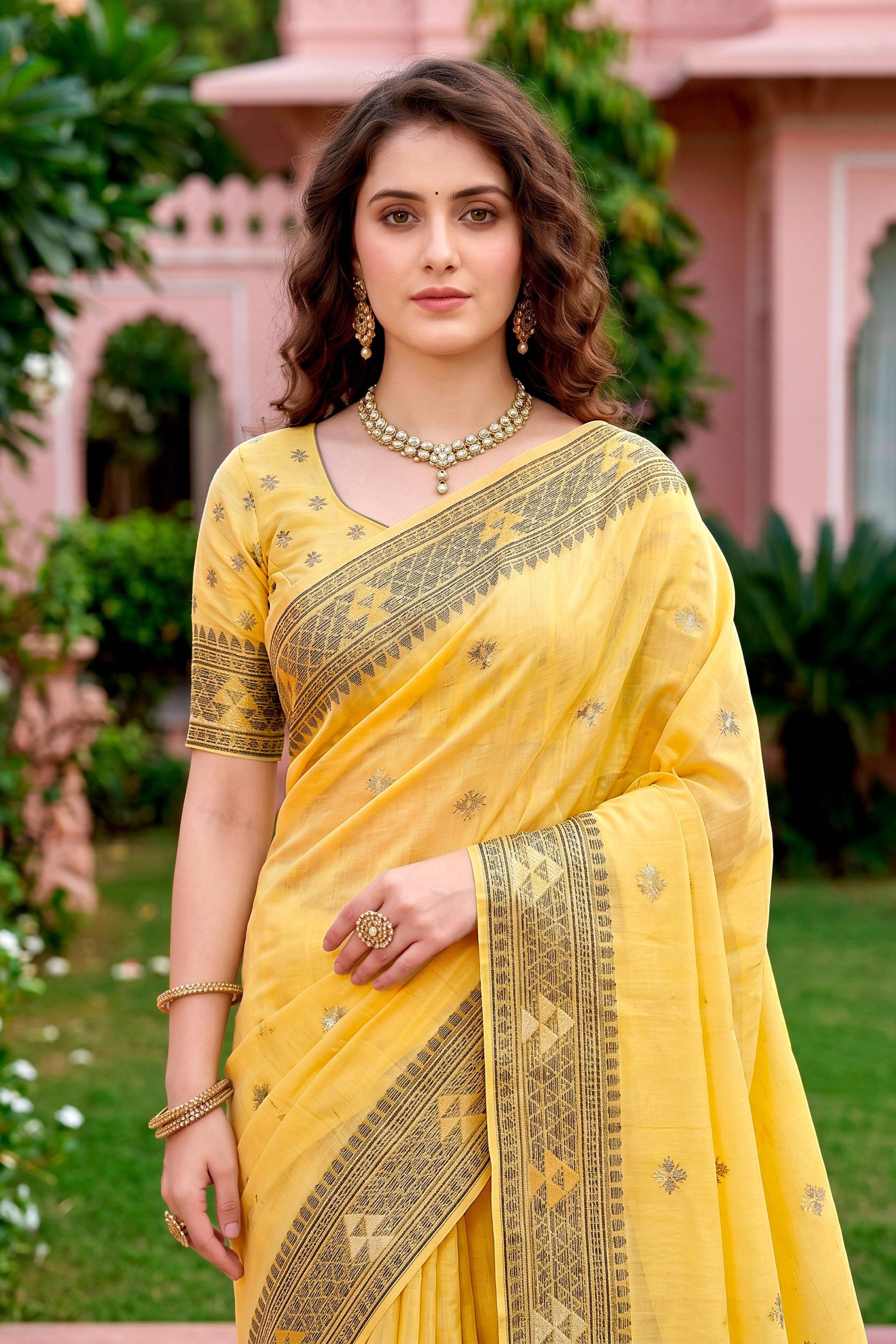 Sangam Prints Yellow Cotton Blend Woven Work Traditional Saree
