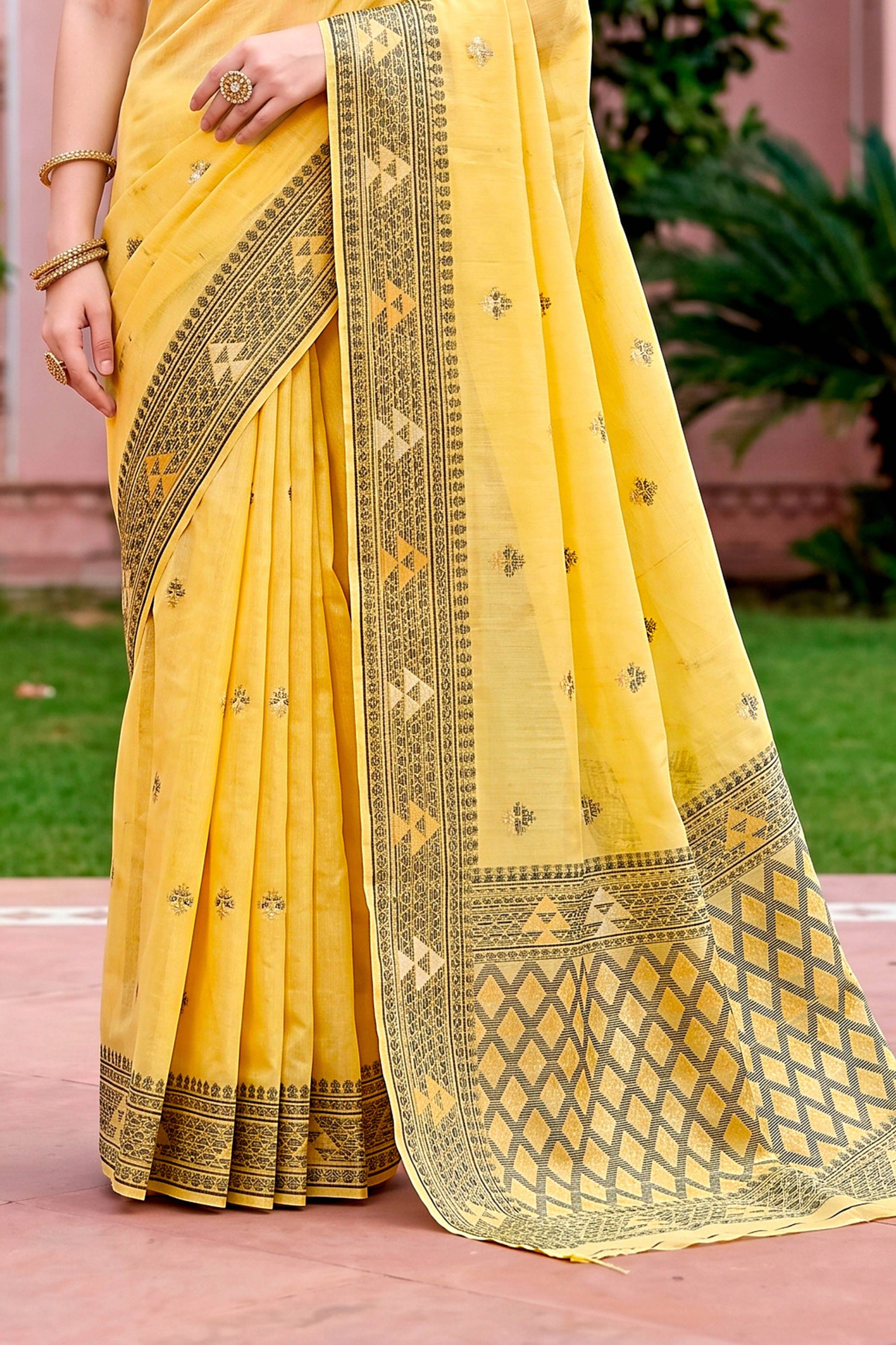 Sangam Prints Yellow Cotton Blend Woven Work Traditional Saree