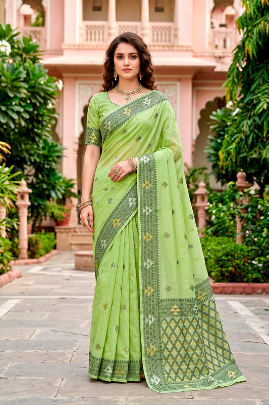 Sangam Prints Green Cotton Blend Woven Work Traditional Saree