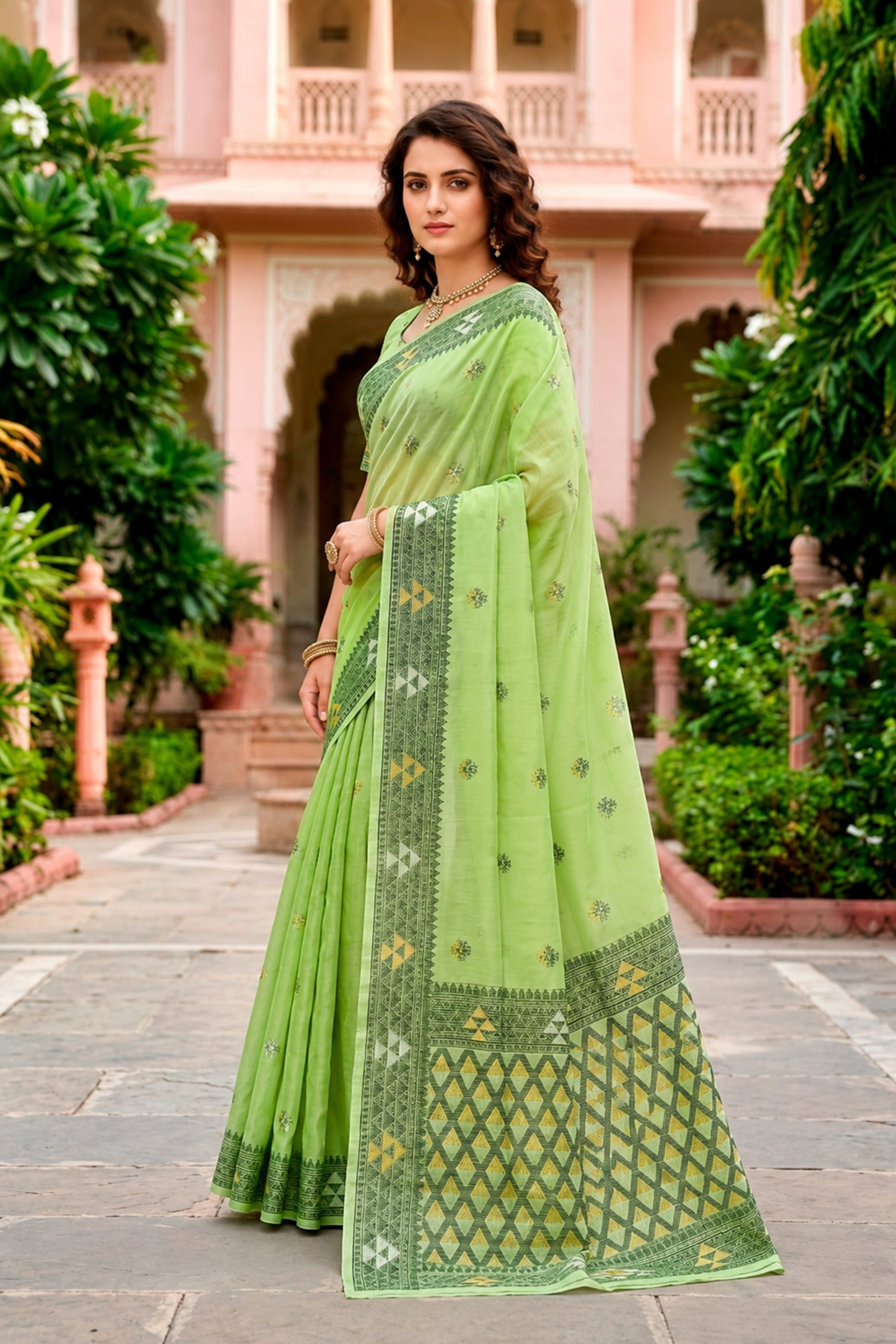 Sangam Prints Green Cotton Blend Woven Work Traditional Saree