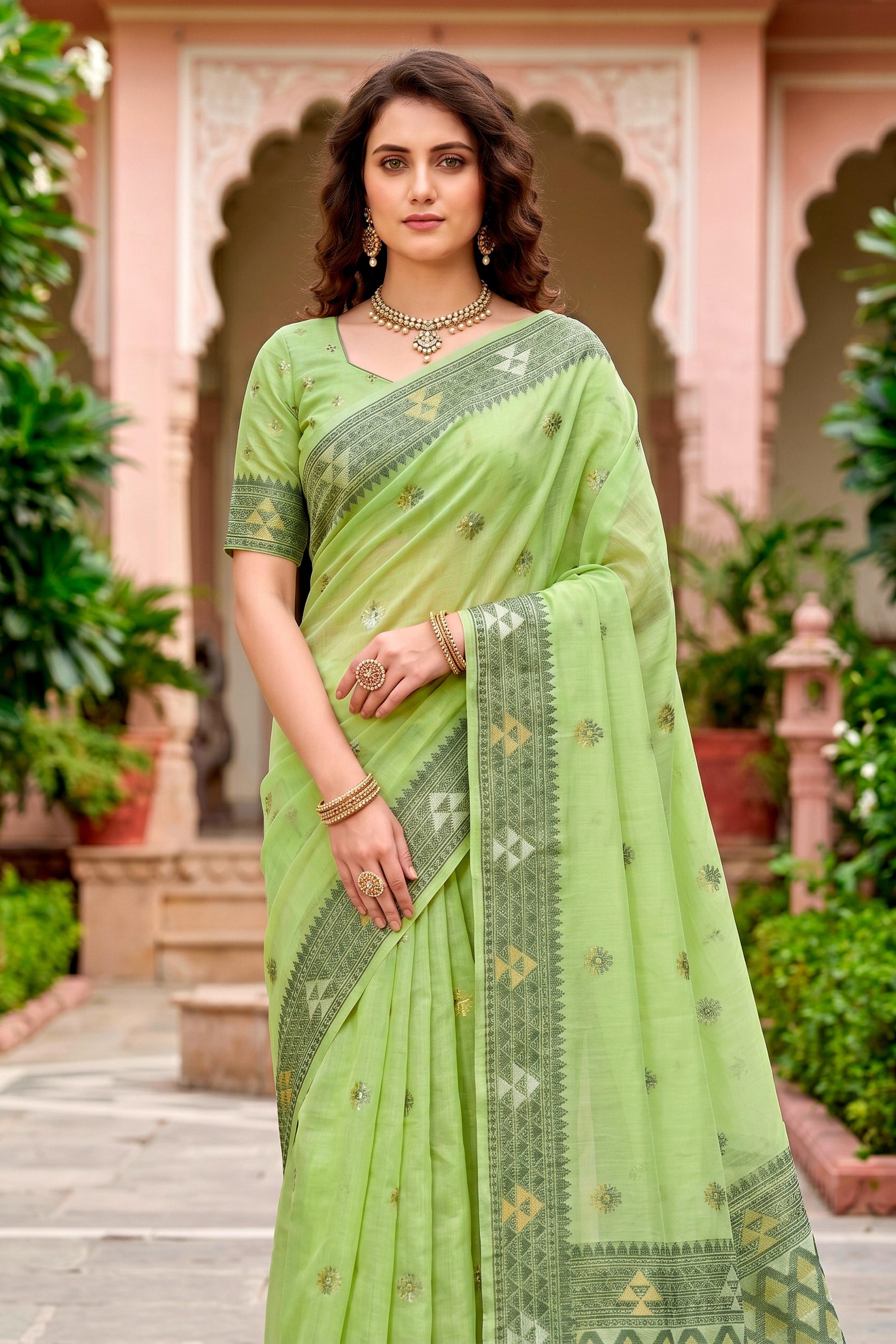 Sangam Prints Green Cotton Blend Woven Work Traditional Saree