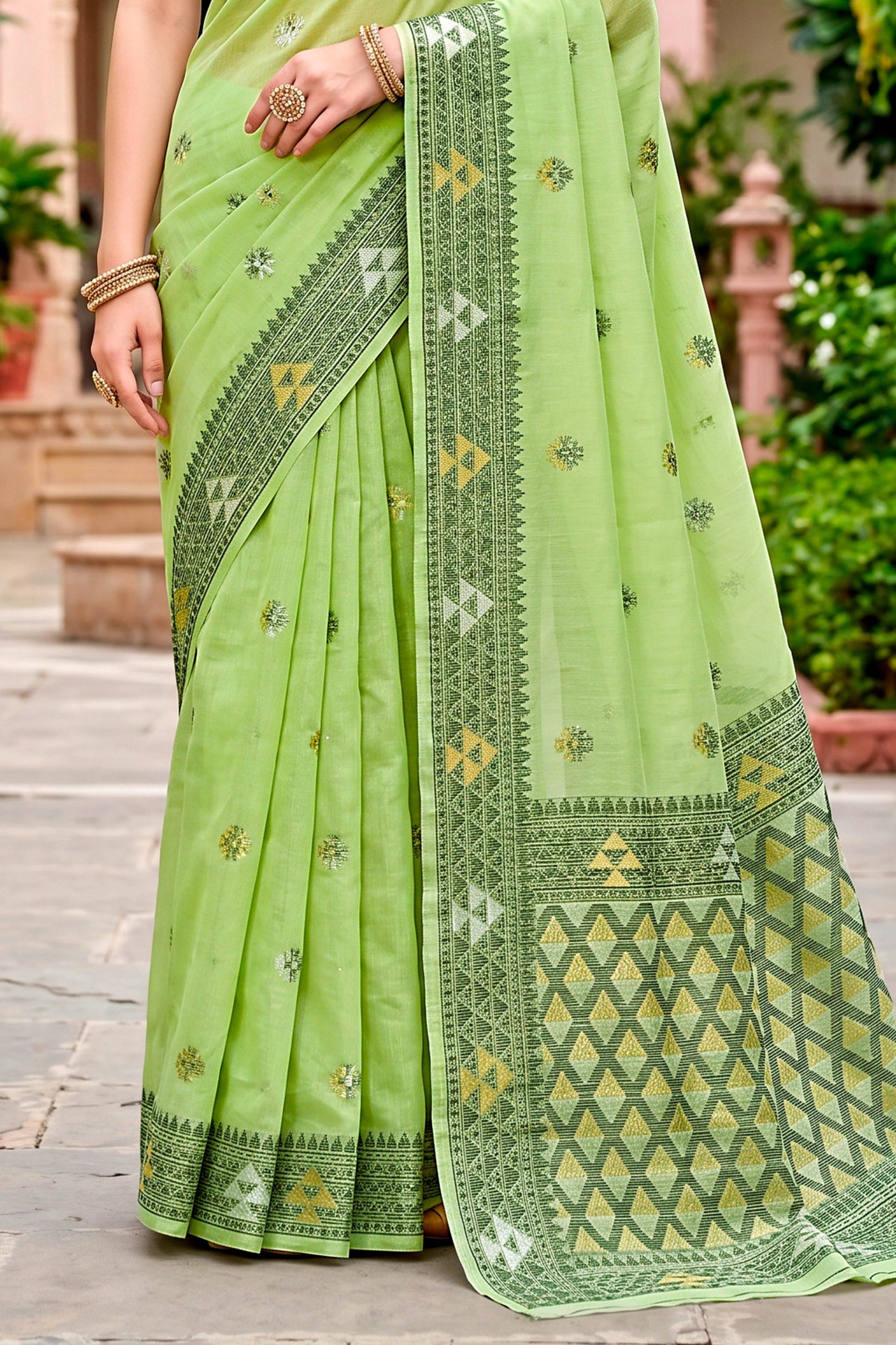 Sangam Prints Green Cotton Blend Woven Work Traditional Saree