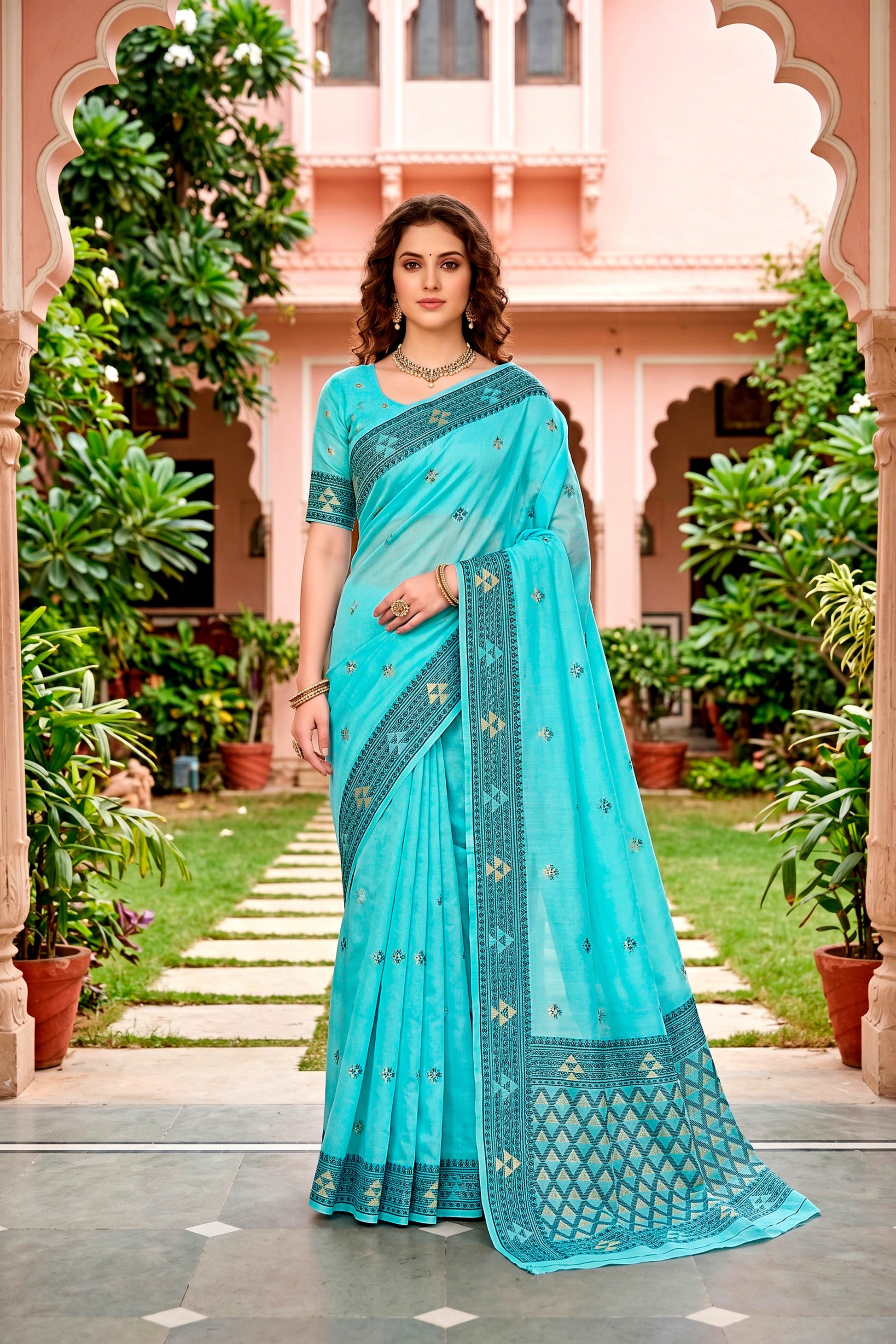 Sangam Prints Teal Blue Cotton Blend Woven Work Traditional Saree