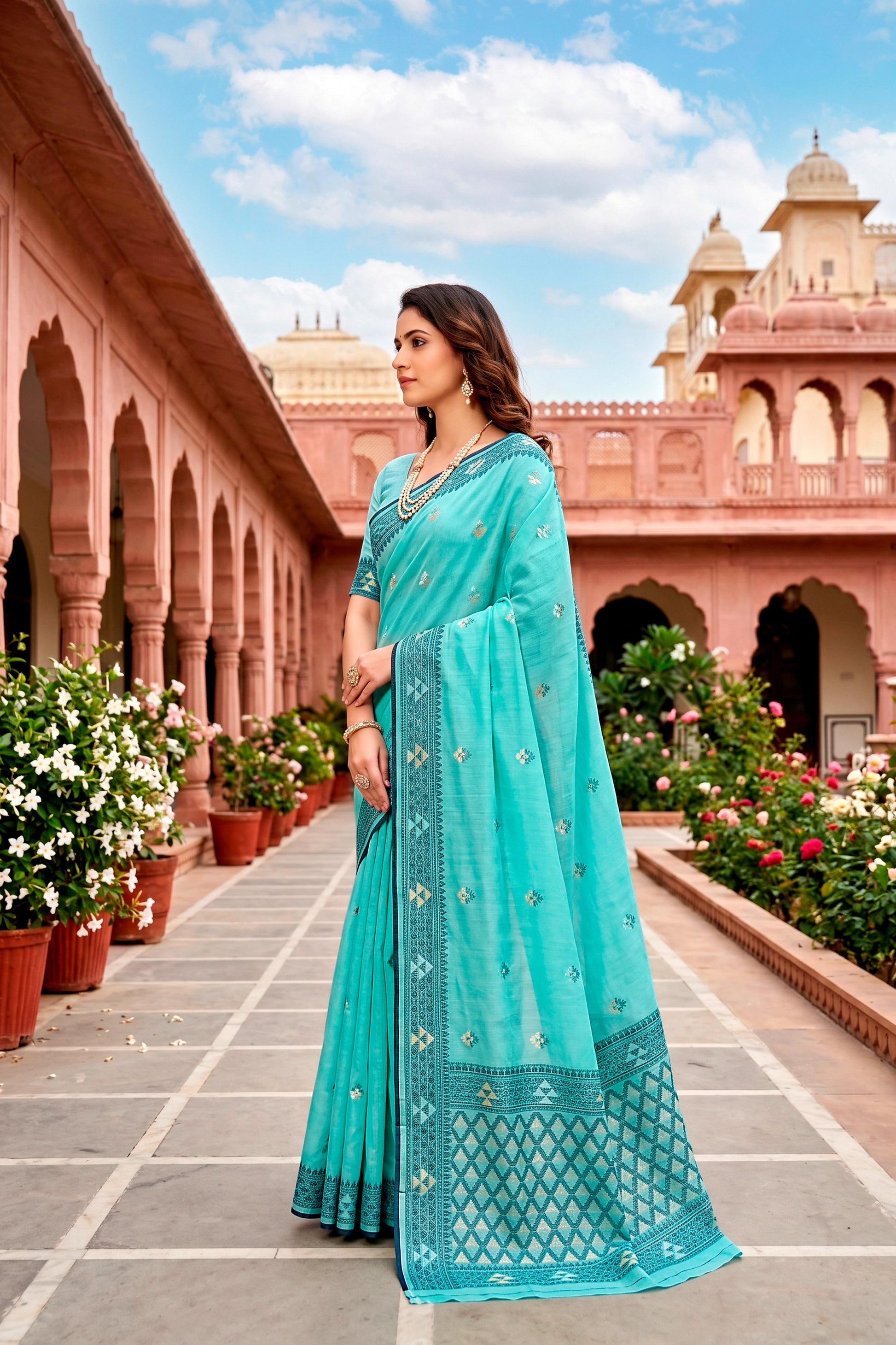 Sangam Prints Teal Blue Cotton Blend Woven Work Traditional Saree