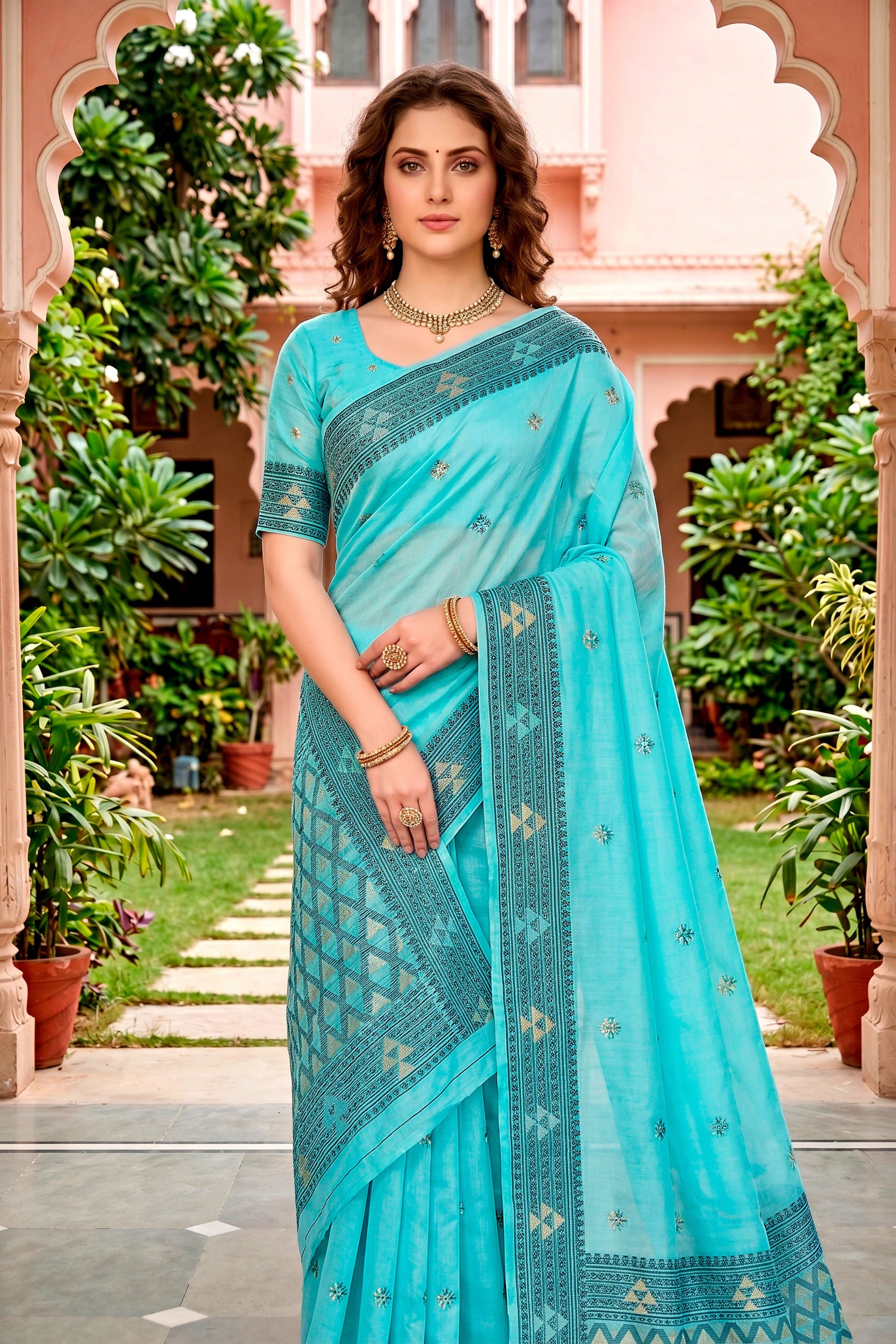 Sangam Prints Teal Blue Cotton Blend Woven Work Traditional Saree