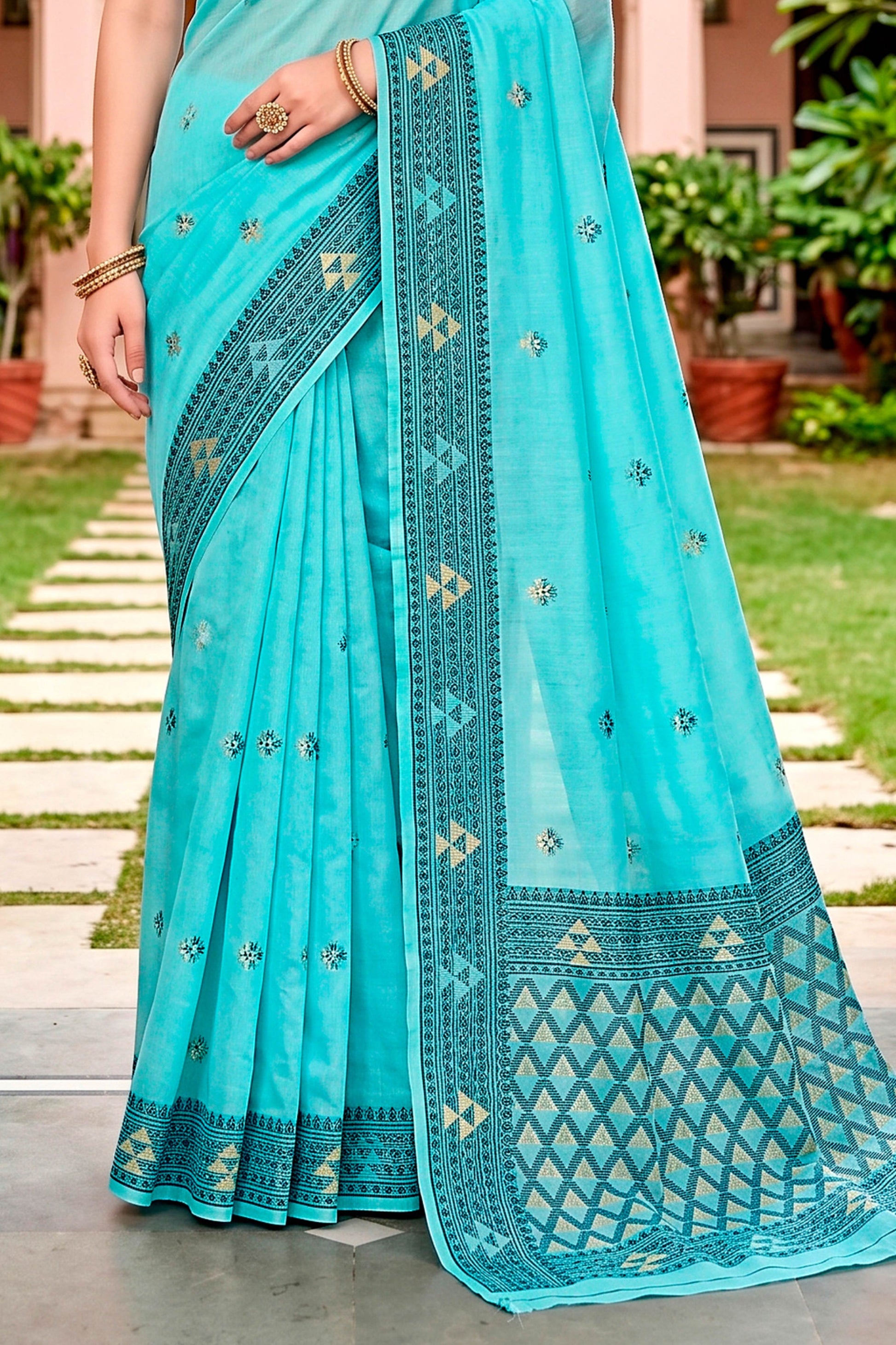 Sangam Prints Teal Blue Cotton Blend Woven Work Traditional Saree